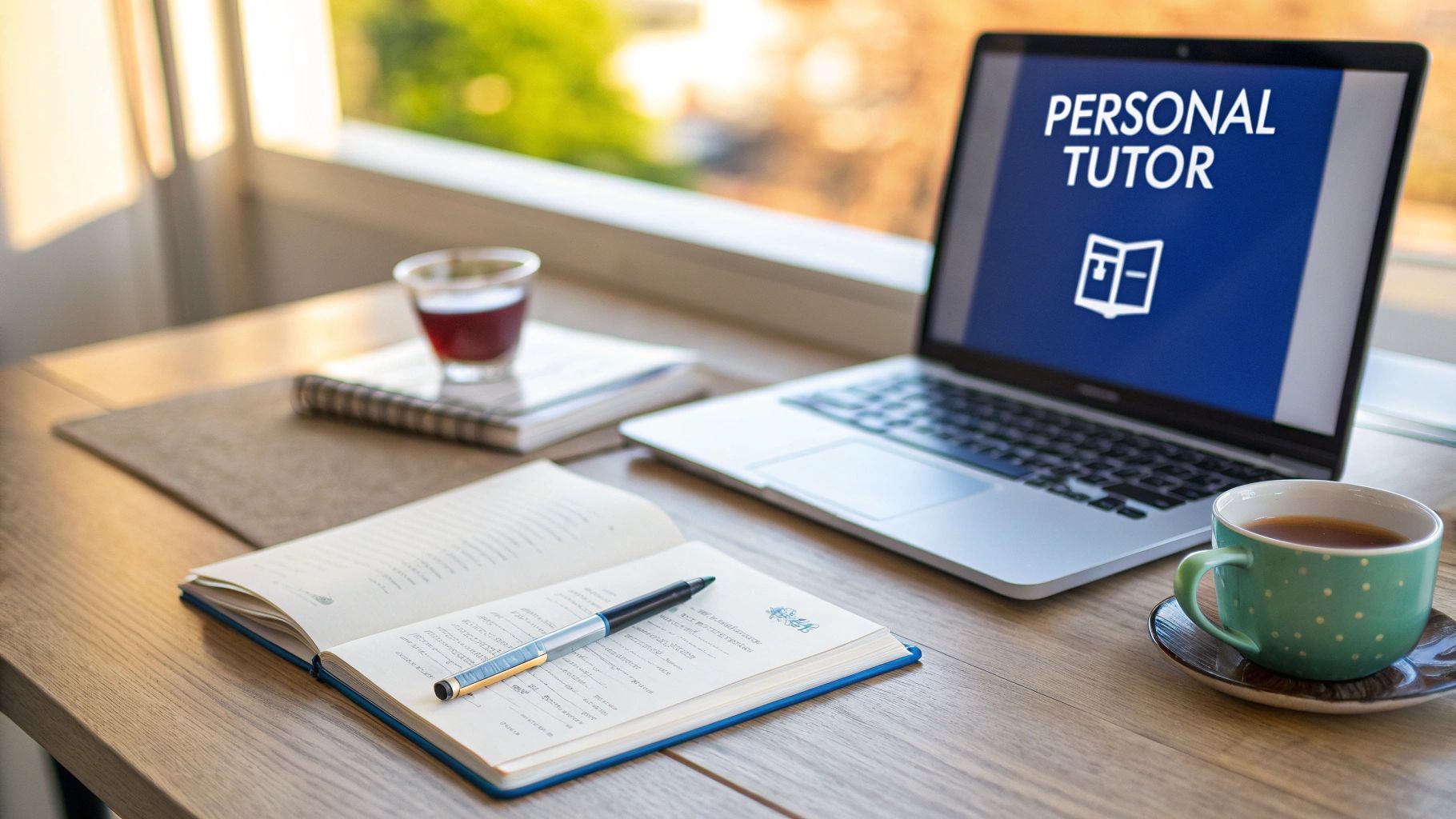 A laptop displaying 'PERSONAL TUTOR' alongside an open notebook, pen, and drinks on a bright wooden desk.