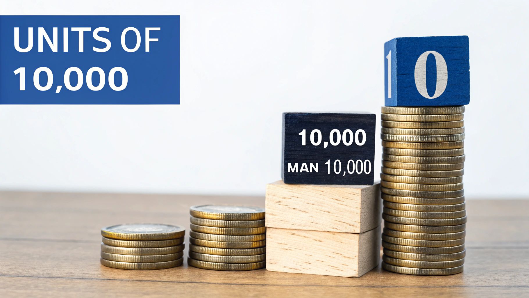 Stacks of coins and numbered blocks illustrate increasing values, with 'UNITS OF 10,000' and '10' displayed.