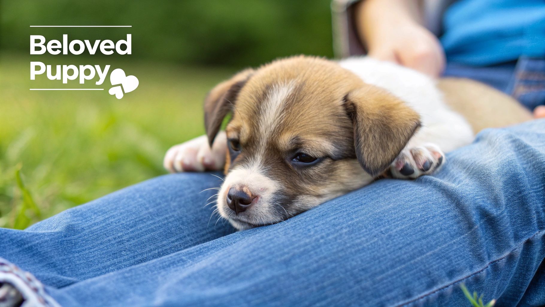 A cute puppy with brown and white fur rests its head on a person's lap wearing blue jeans outdoors.
