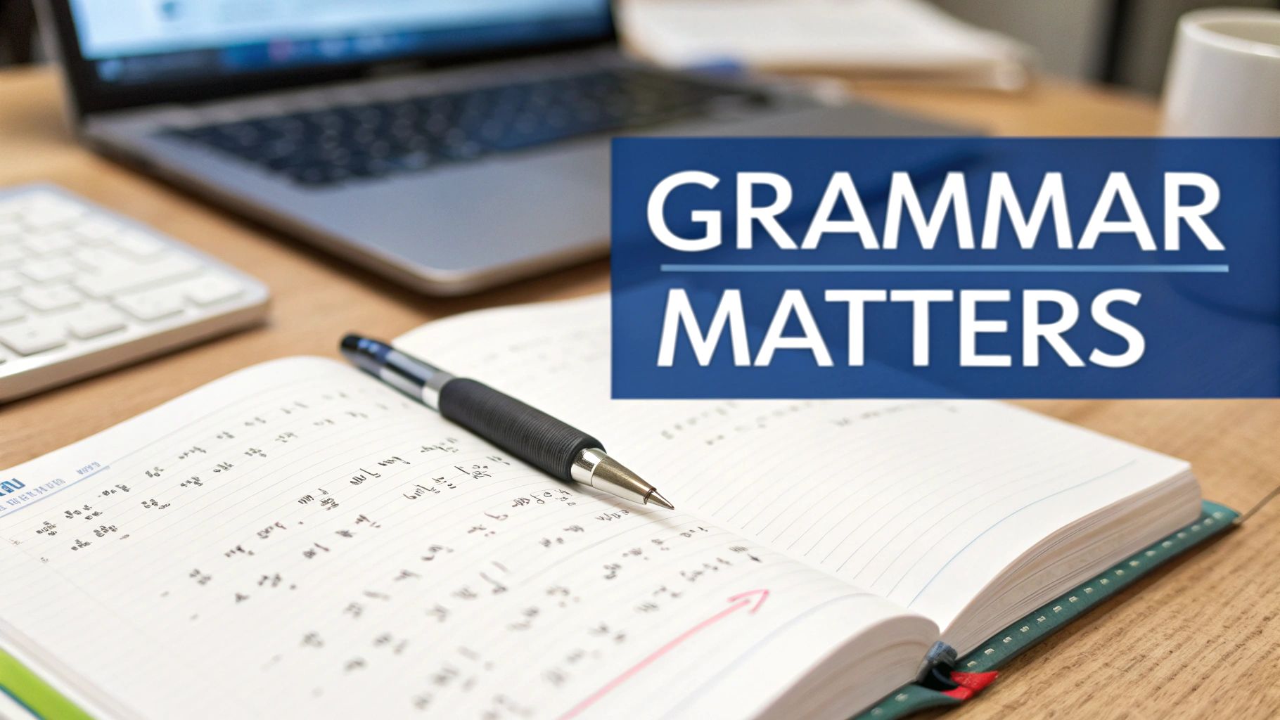An open notebook with a pen, laptop, and keyboard on a desk, with 'GRAMMAR MATTERS' text.