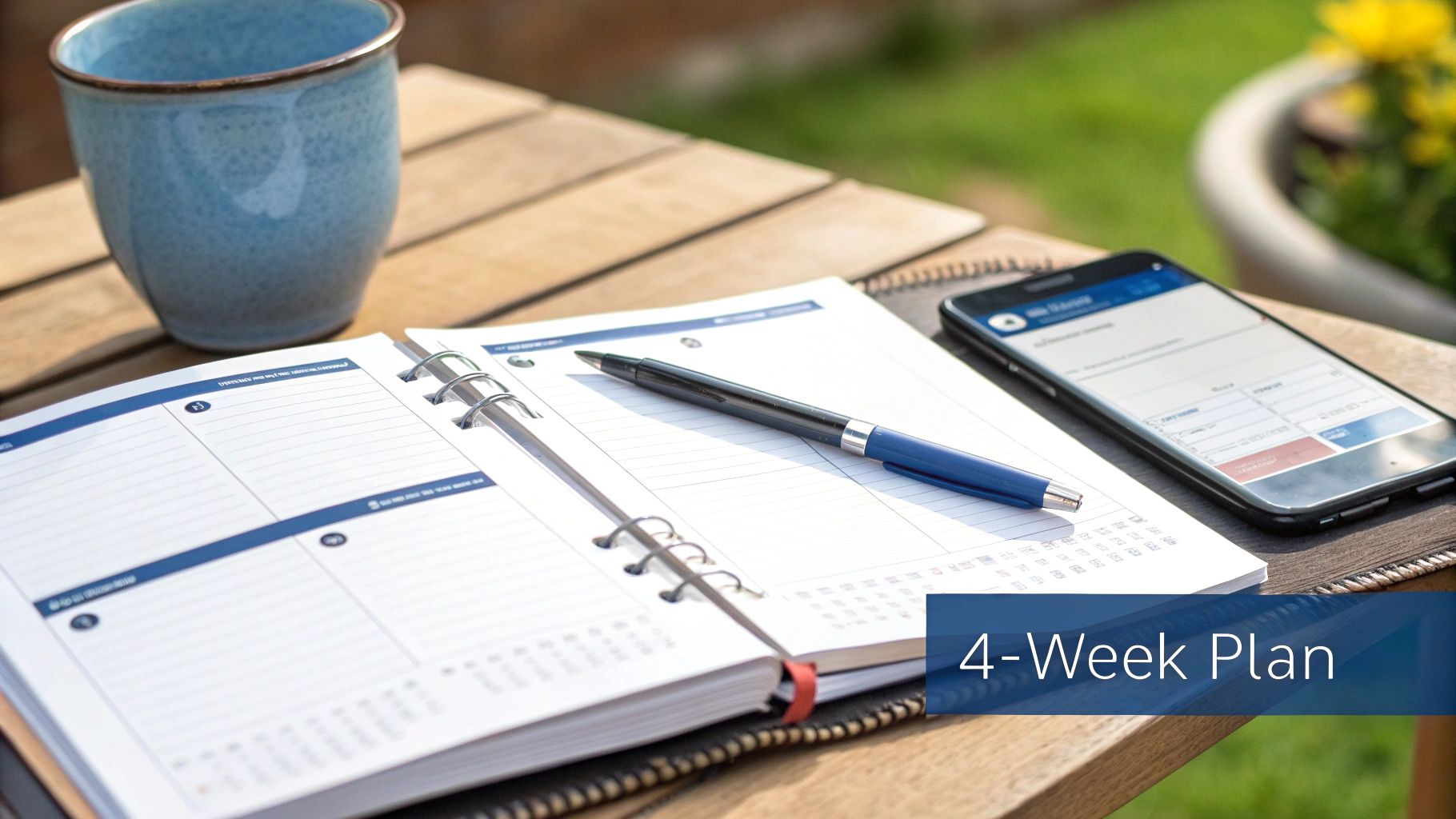 A detailed 4-week planner, pen, smartphone, and mug on an outdoor wooden table for organizing.