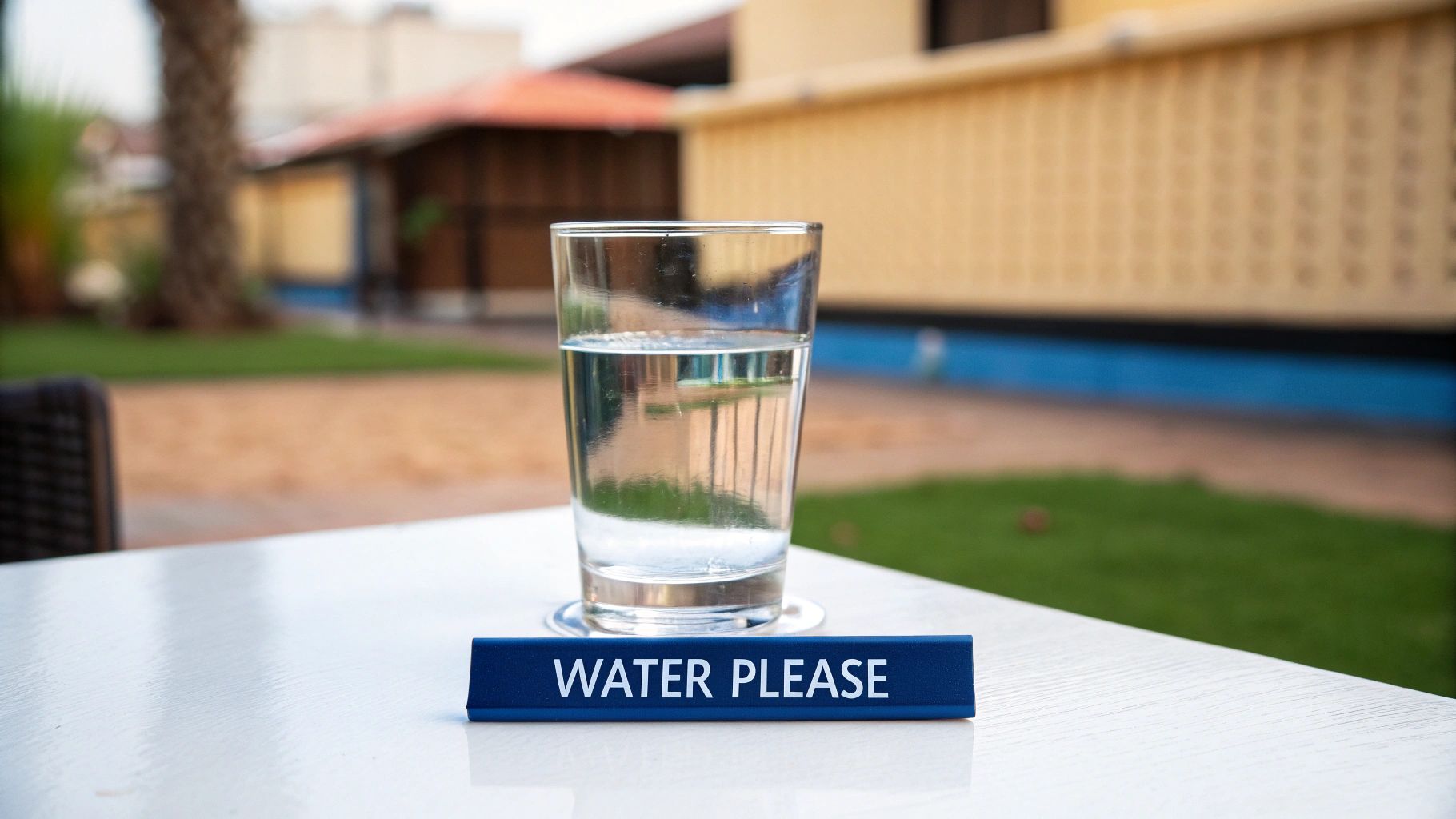 Person sitting at a table with an "excuse me" sign to get a waiter's attention