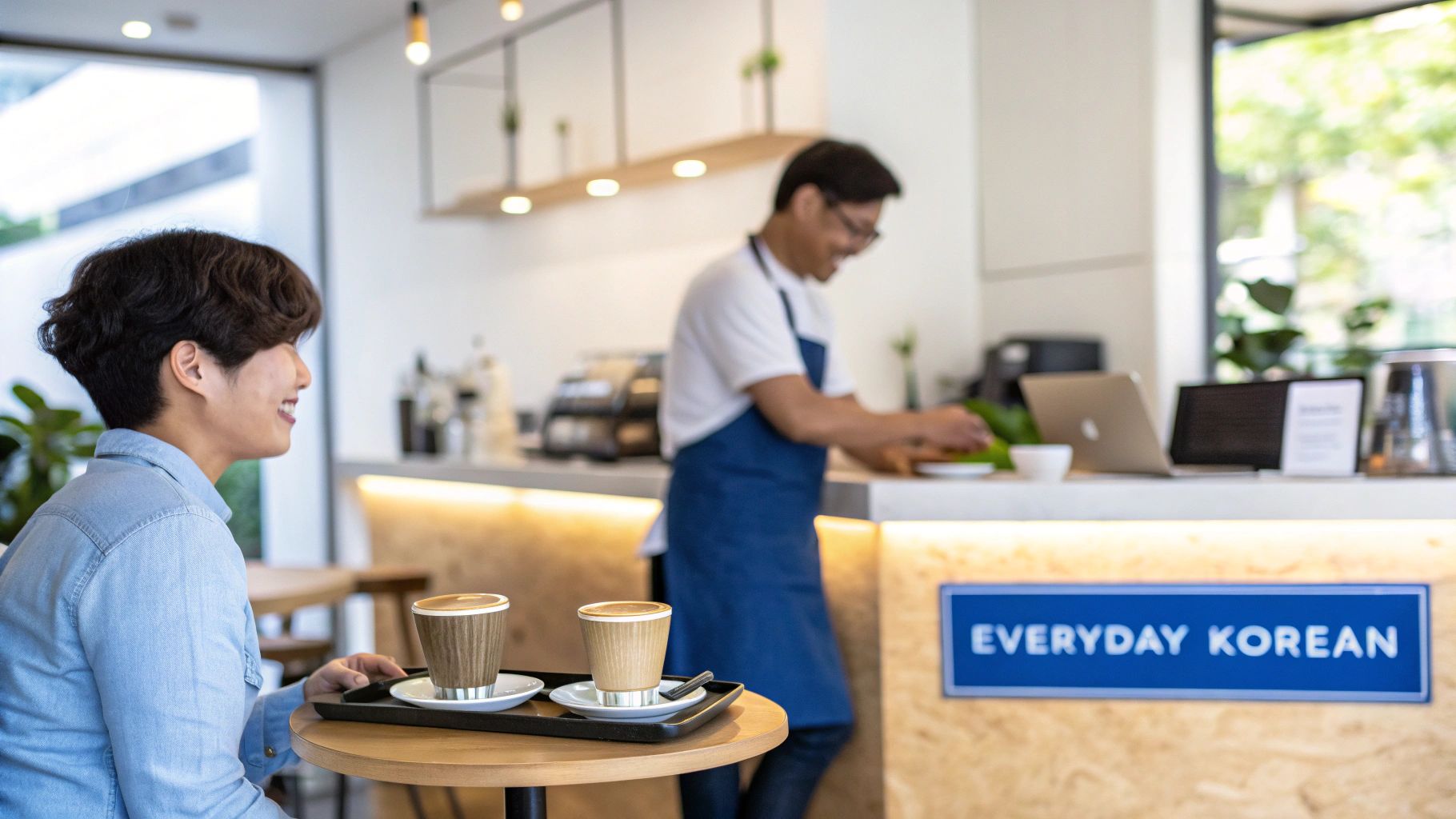 A smiling person sits at a cafe table with two coffees, while a barista works.
