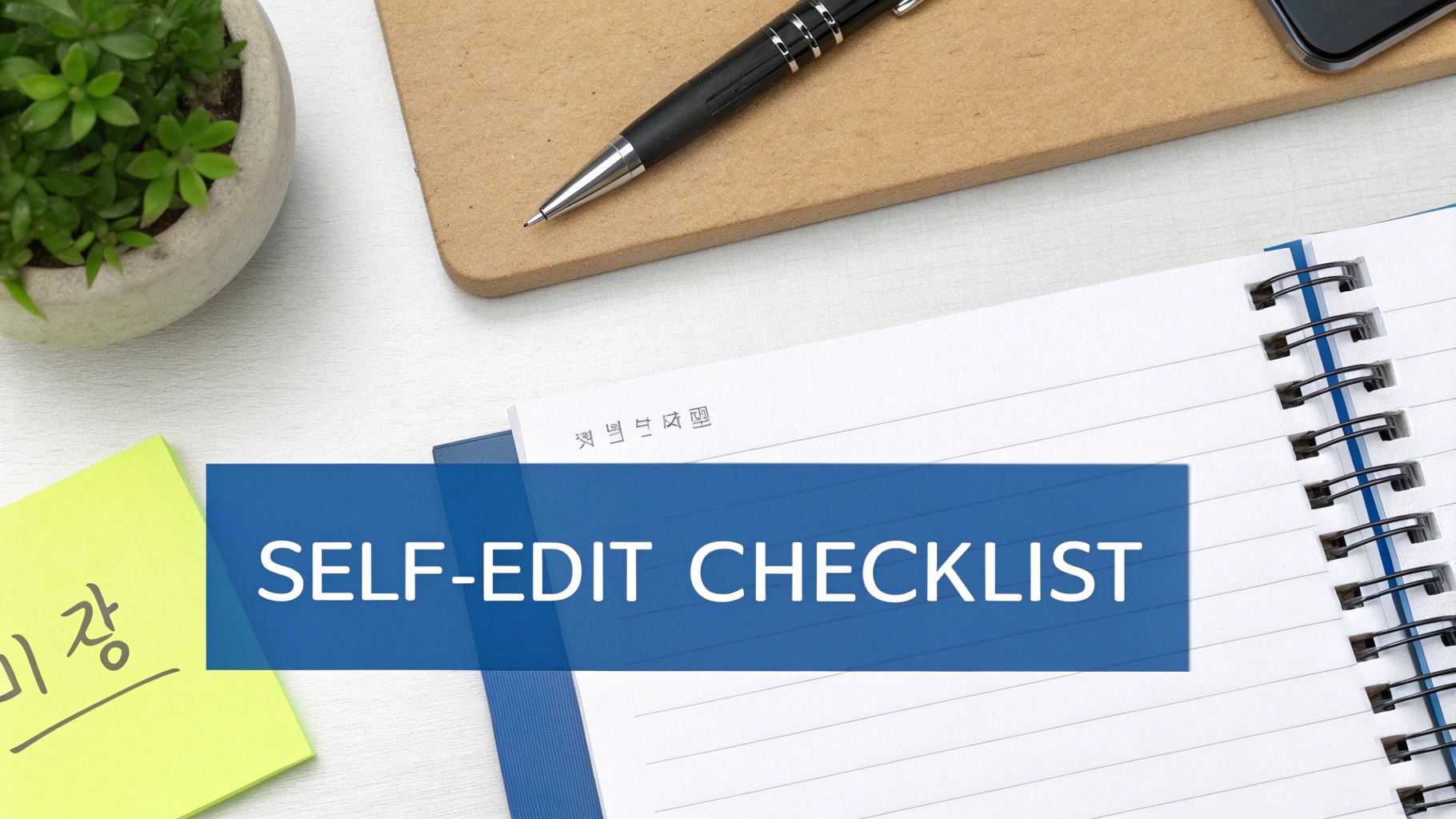 A desk flatlay showing a plant, pen, notebook, and a 'SELF-EDIT CHECKLIST' banner.