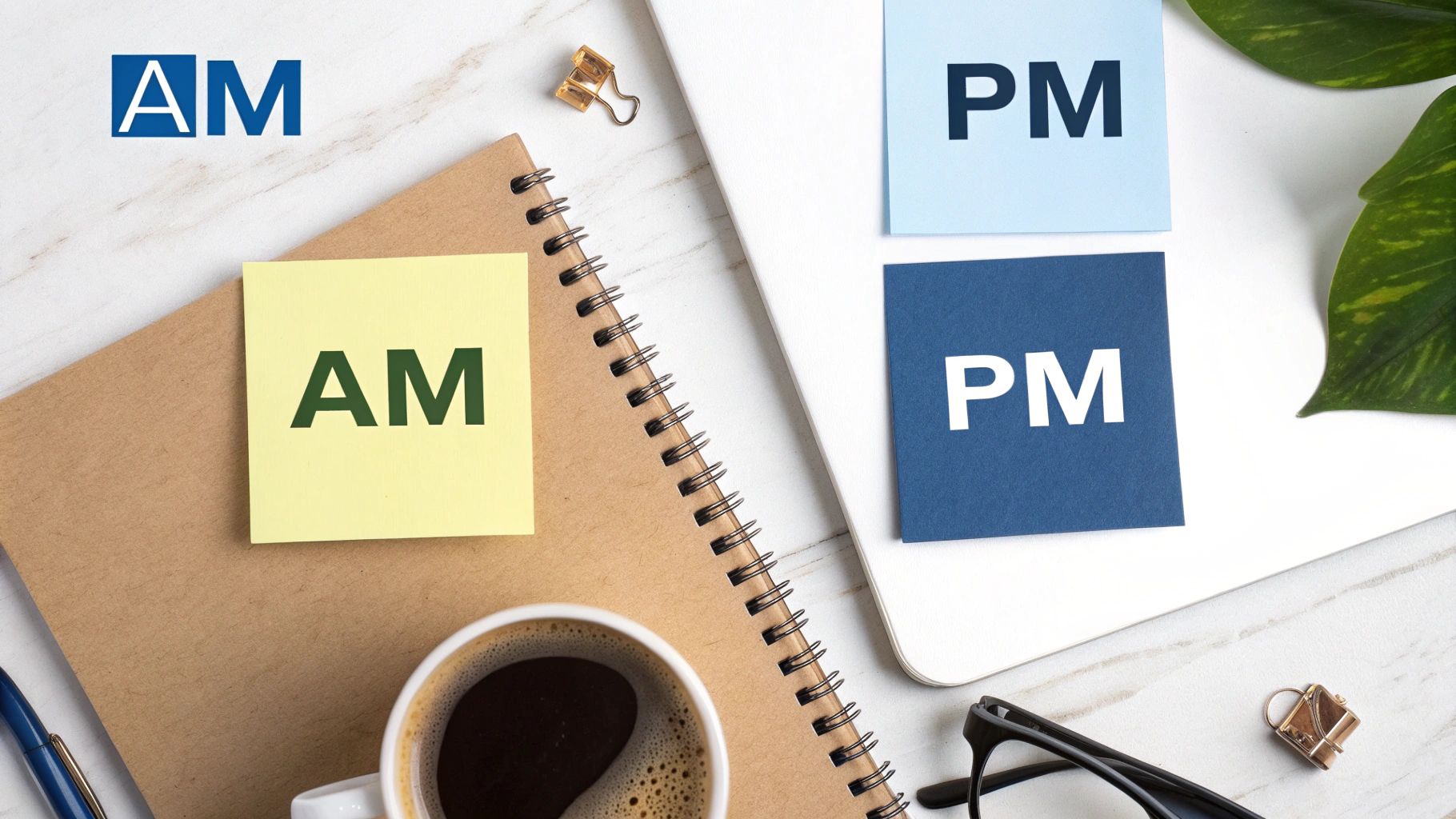 A flat lay of a desk showing sticky notes with AM and PM, a coffee cup, and a notebook.