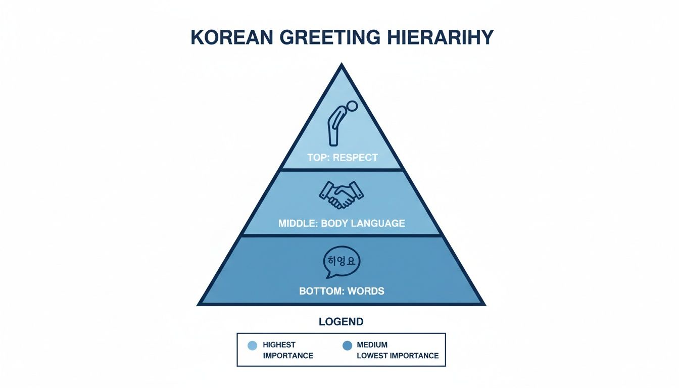A pyramid chart illustrating the Korean greeting hierarchy from highest importance (respect, bowing) to lowest (words, 안녕하세요).