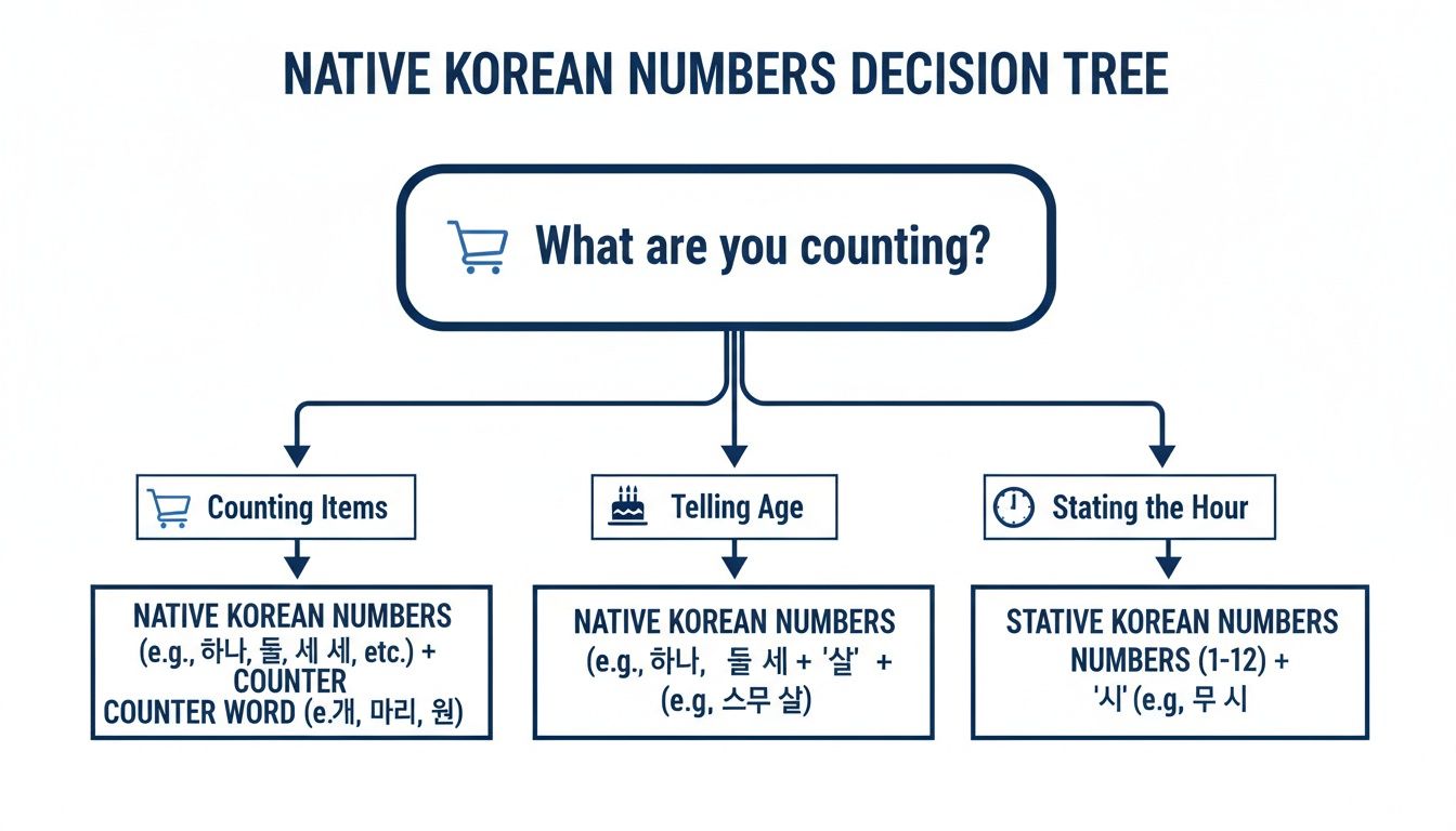 A decision tree illustrating when to use Native Korean numbers for counting items, telling age, or stating the hour.