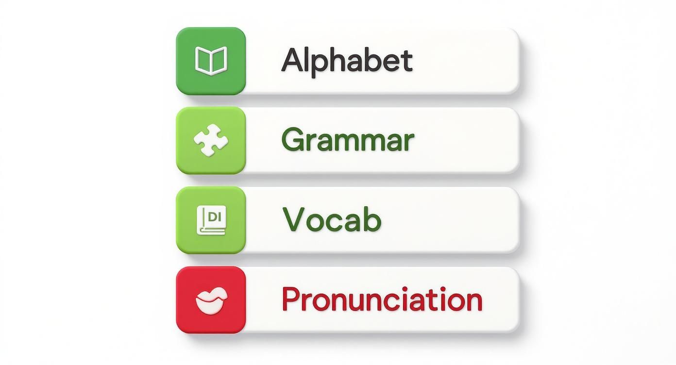 Infographic summarizing the difficulty of learning the Korean alphabet, grammar, vocabulary, and pronunciation