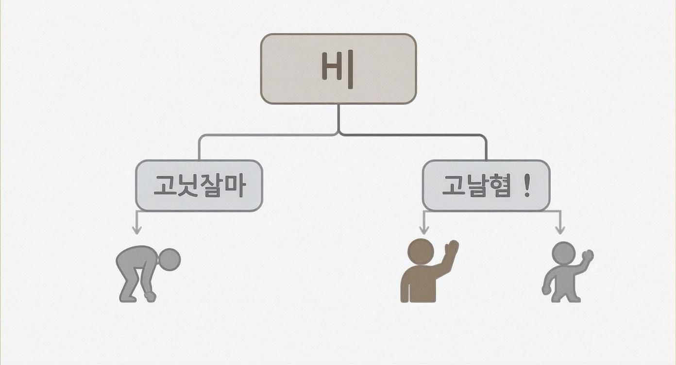 Flowchart illustrating different greeting gestures in Korean culture, showing a bow and two people waving.