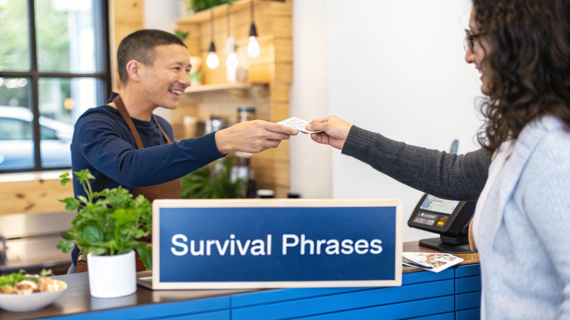 A smiling man hands a small card to a woman across a counter in a cafe.