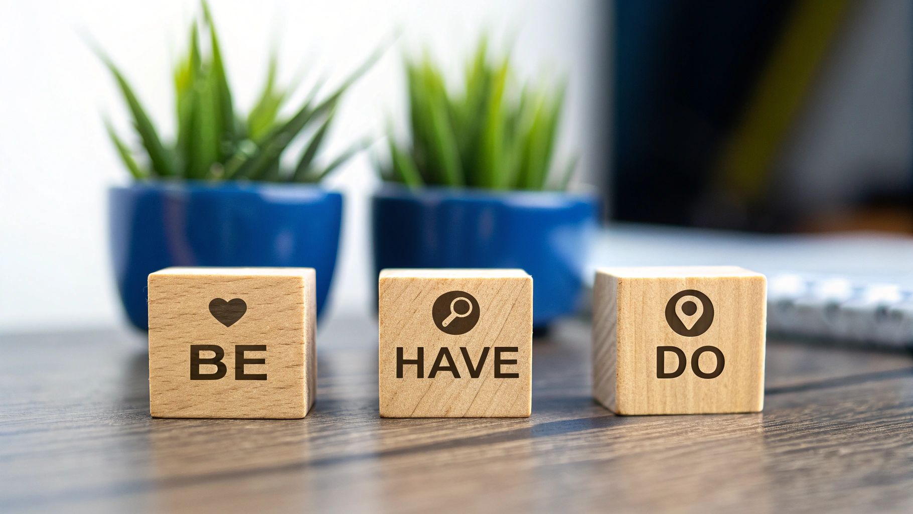 Three wooden blocks displaying 'BE, HAVE, DO' with corresponding symbols, resting on a wooden desk with plants.