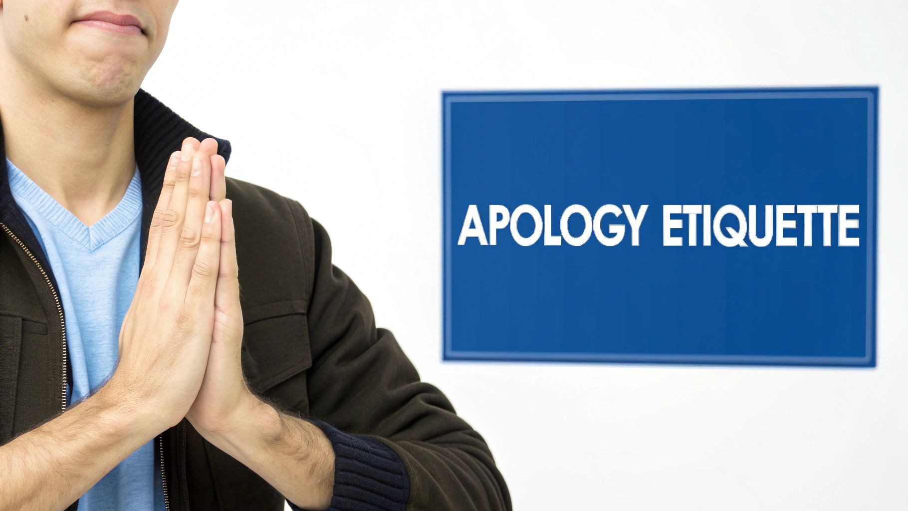 A person with hands pressed together in a gesture of apology, next to a blue sign reading 'APOLOGY ETIQUETTE'.