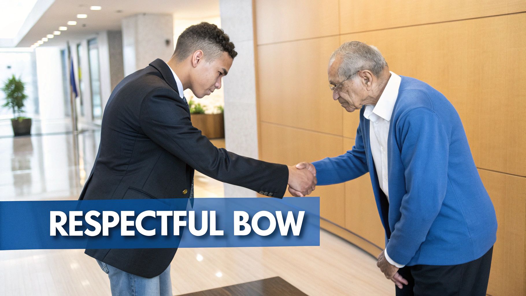 A young man in a suit jacket shakes hands and respectfully bows to an older man in a blue cardigan.