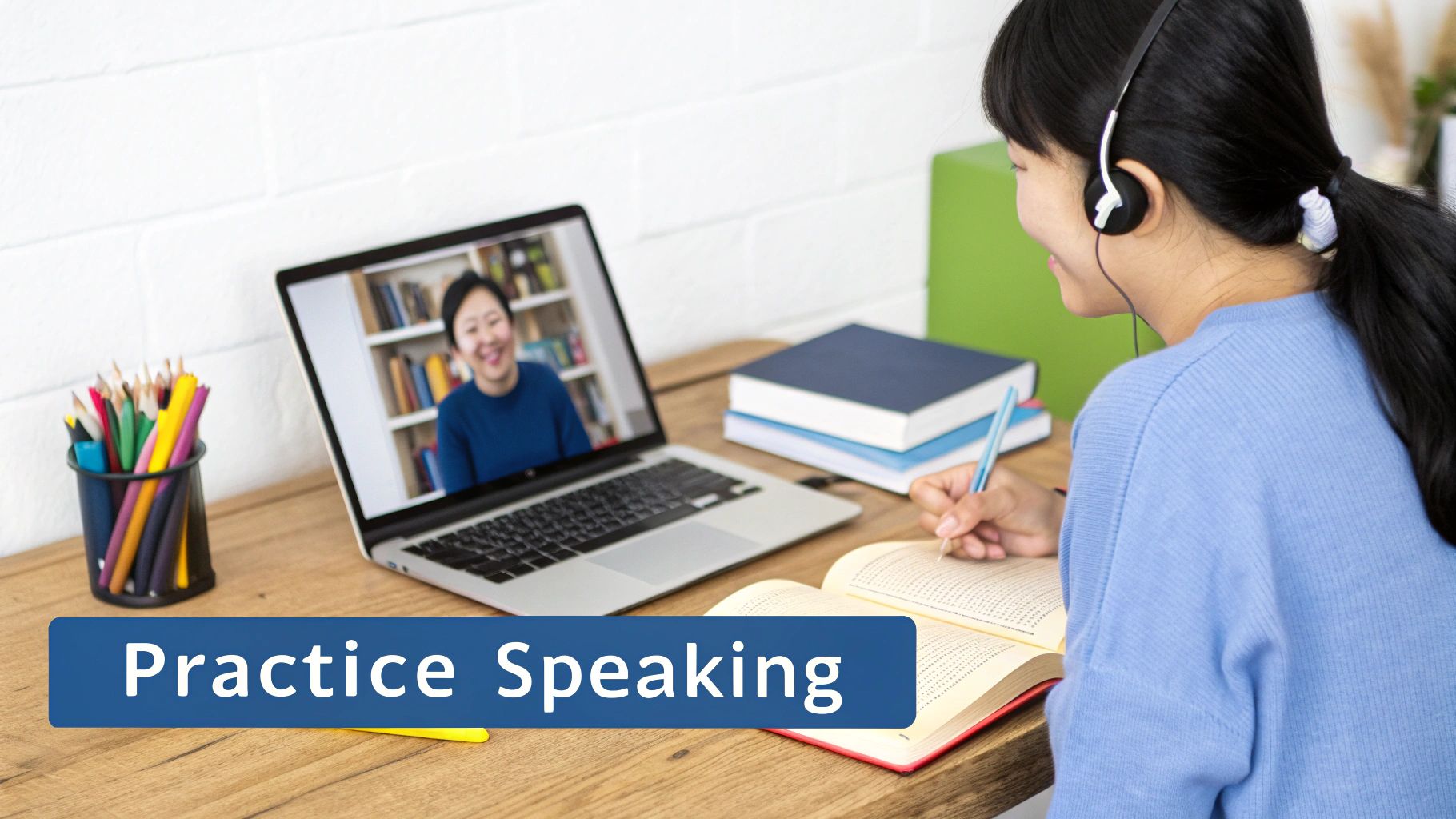 A student practices speaking Korean online with a tutor.