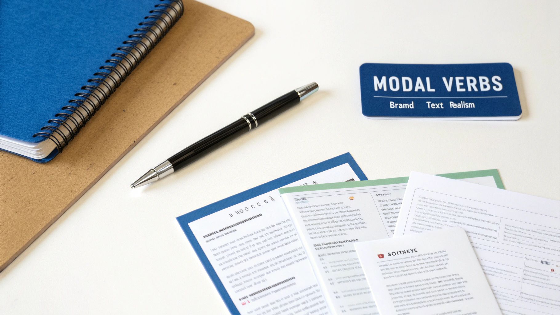 A flat lay of study materials including a notebook, pen, and "MODAL VERBS" sign on a white desk.