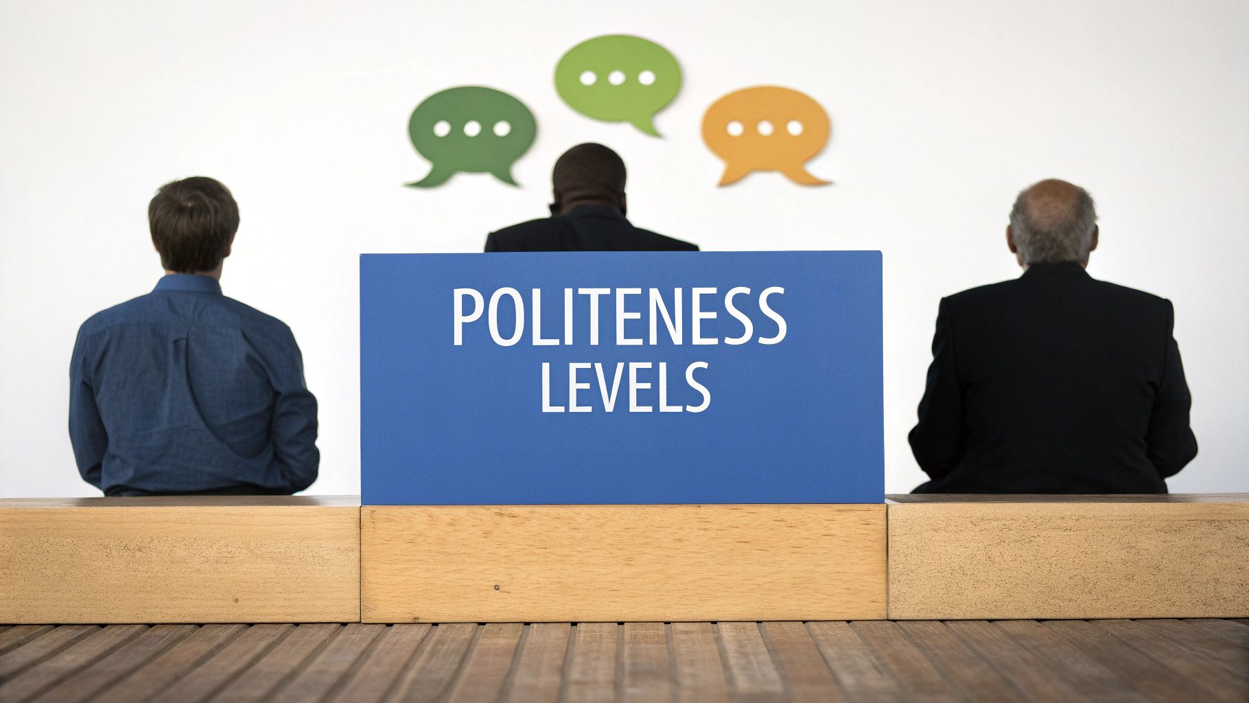Three business professionals viewing speech bubbles and politeness levels sign on white wall