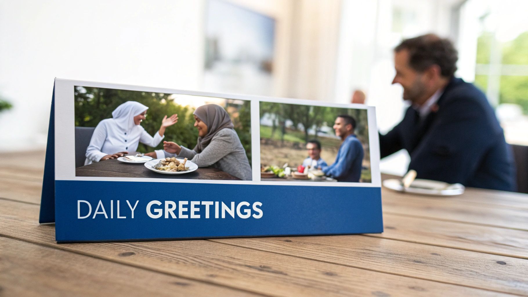 A blue 'DAILY GREETINGS' display on a wooden table, showing diverse people socializing and eating.