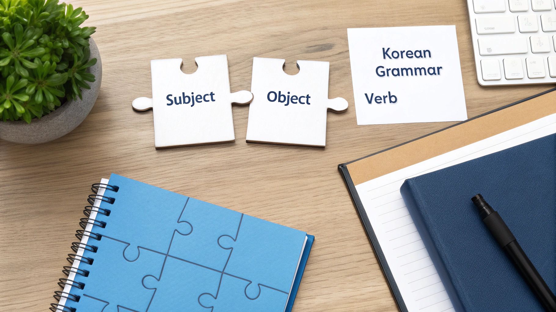 A wooden desk with puzzle pieces and notes explaining Korean grammar, featuring Subject, Object, and Verb.