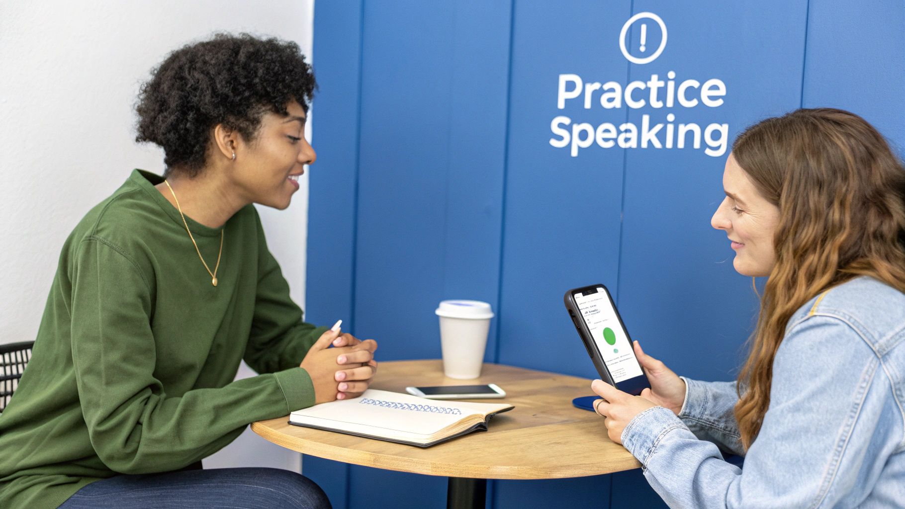 Two women practice speaking a language, one using a mobile app, in a friendly setting.