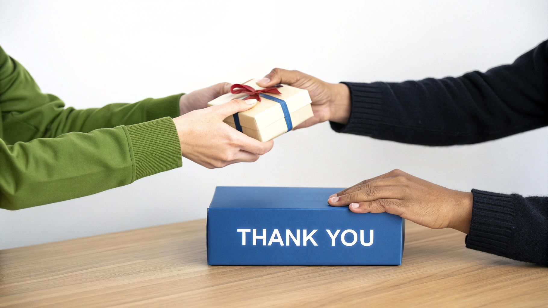 Two people exchanging a small gift box, with a 'THANK YOU' box on the table.