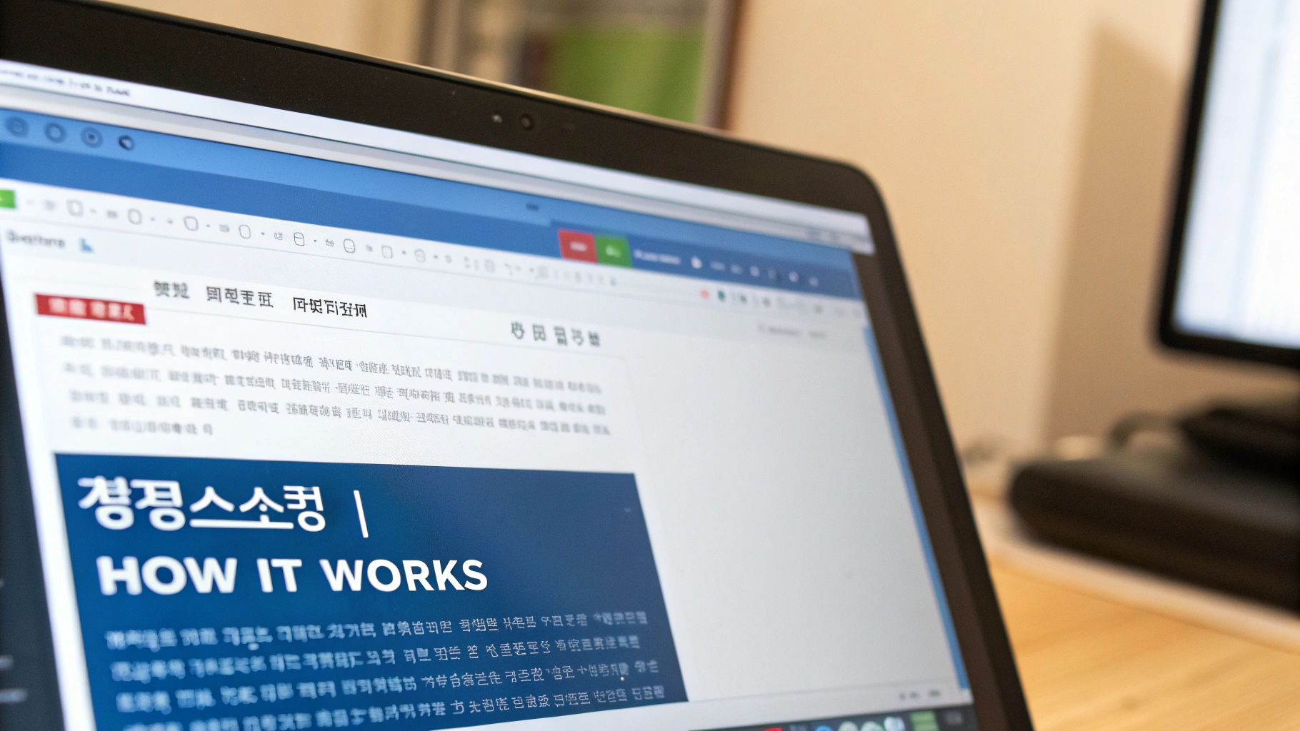 A close-up of a laptop screen displaying a webpage with Korean and English text, highlighting 'HOW IT WORKS'.