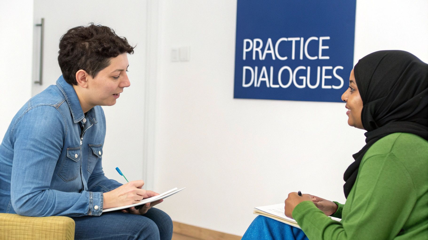 Two diverse women practicing conversational dialogues with notebooks and pens in a classroom.