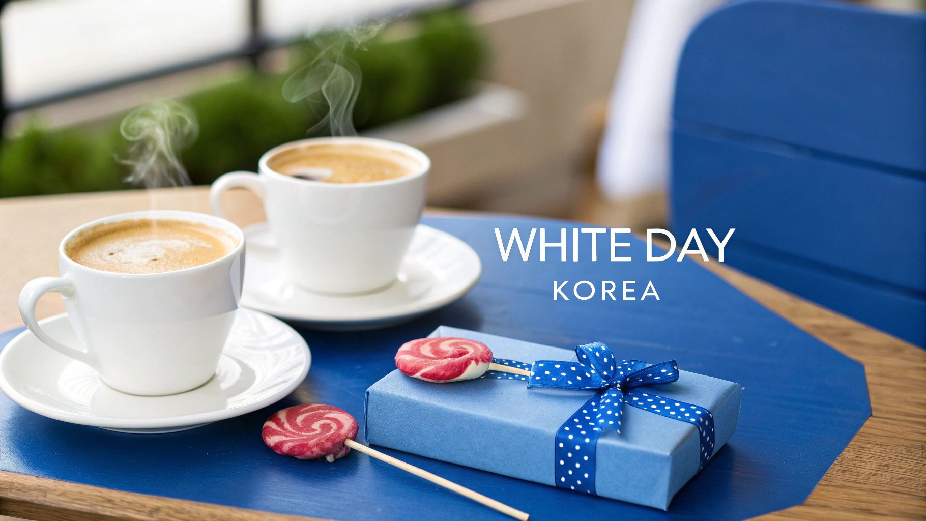 Two steaming coffees, a blue gift box with a ribbon, and lollipops on a blue table, symbolizing White Day in Korea.