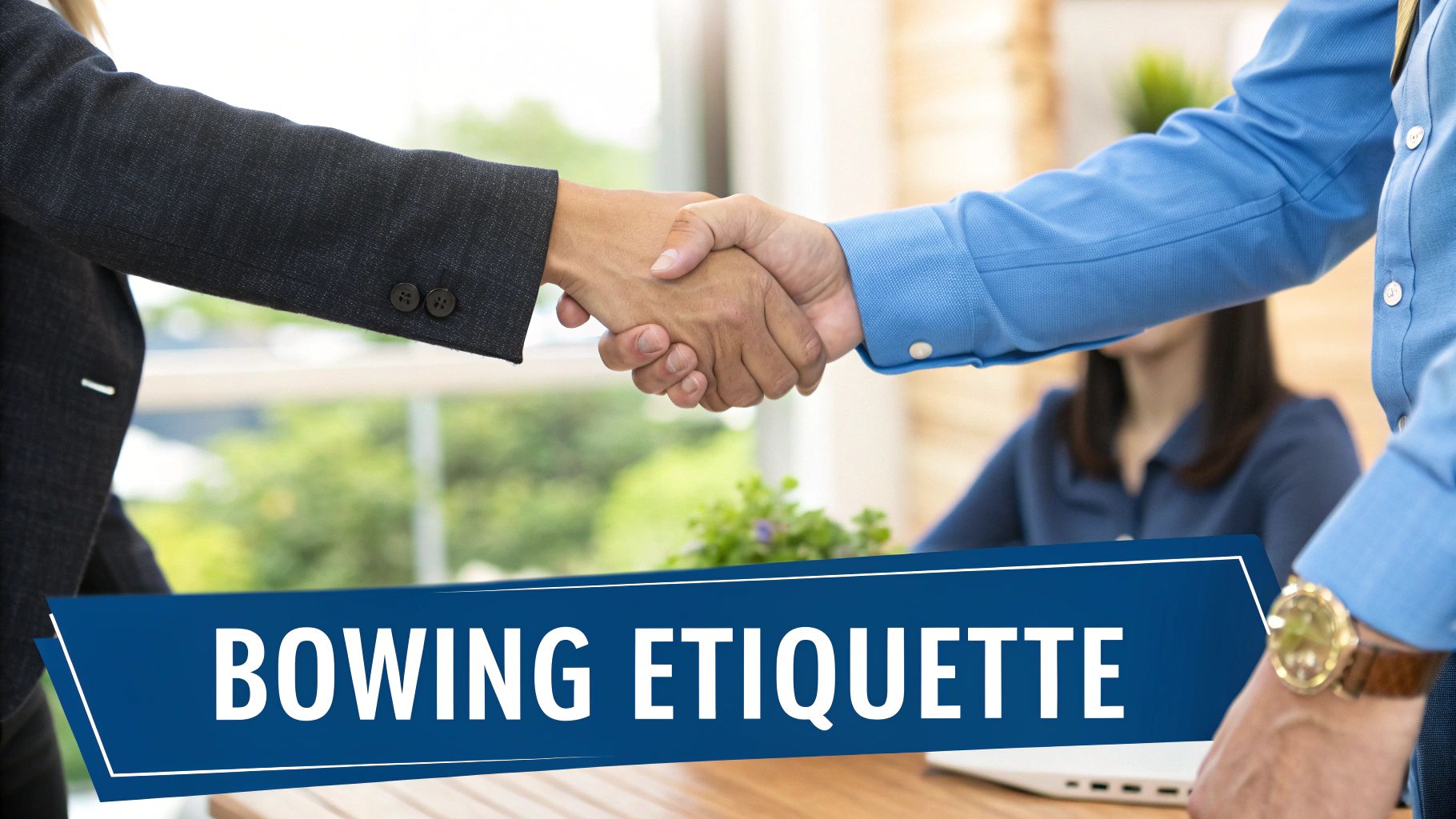 Two people shaking hands in an office, with a blue banner stating 'BOWING ETIQUETTE' below.