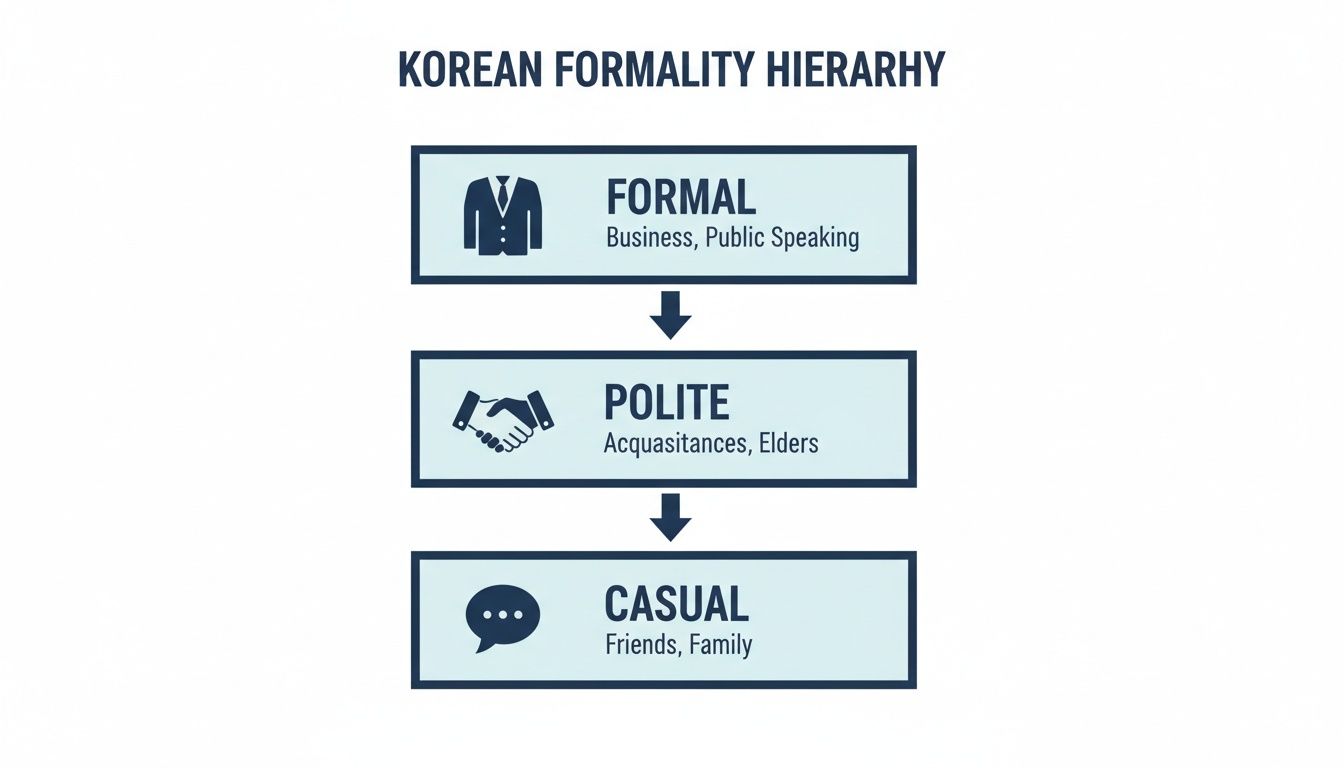 Diagram illustrating the Korean formality hierarchy with Formal, Polite, and Casual levels.