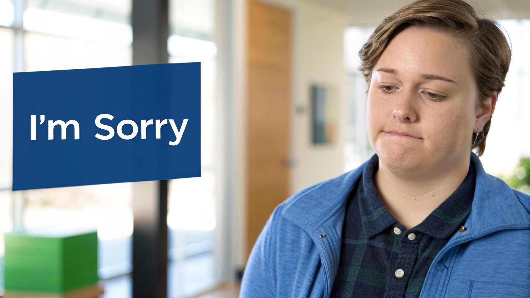 A woman looks down with a regretful expression next to a blue sign that reads 'I'm Sorry'.