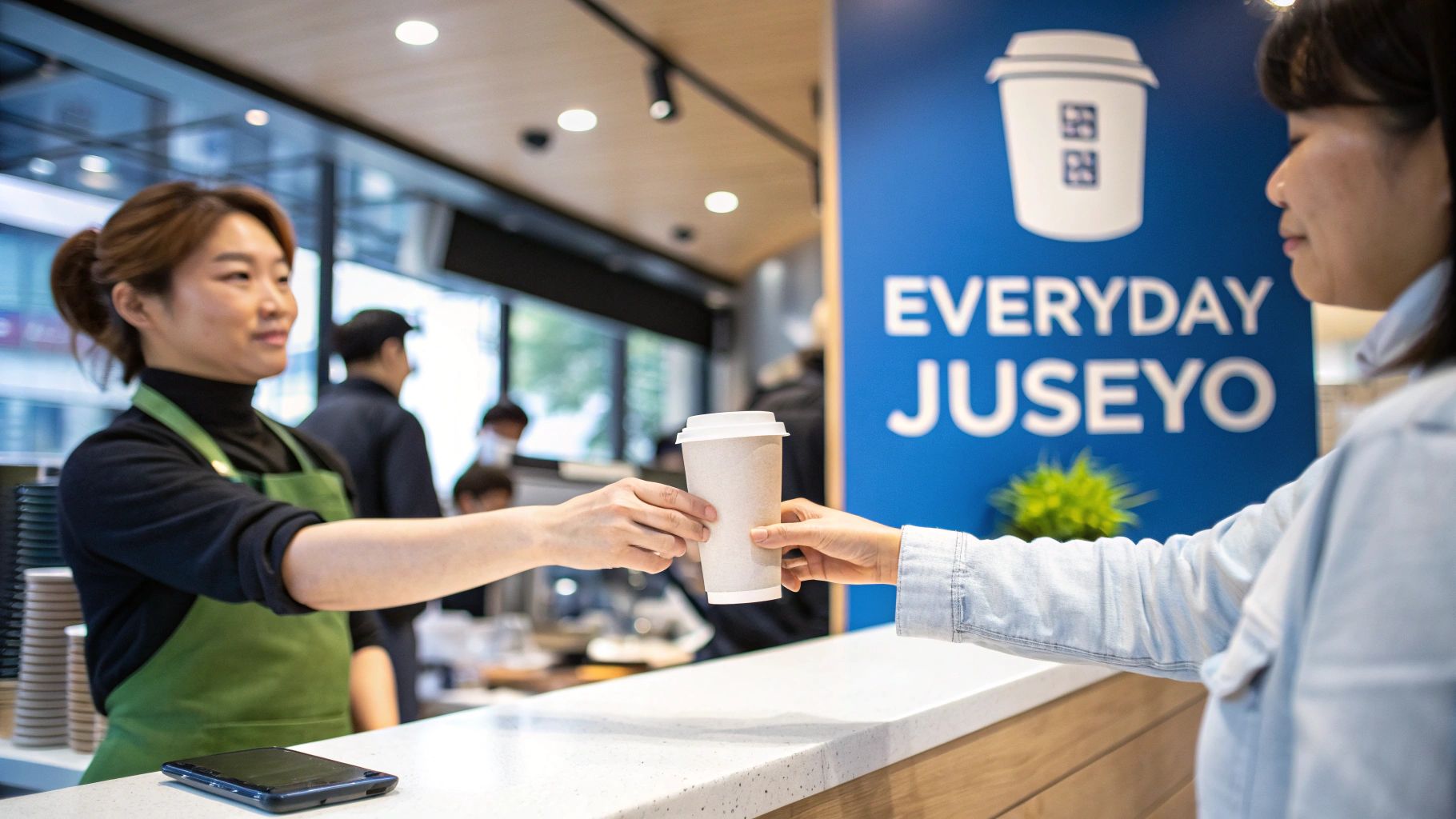 A barista in a green apron hands a takeaway coffee cup to a customer at a cafe counter.