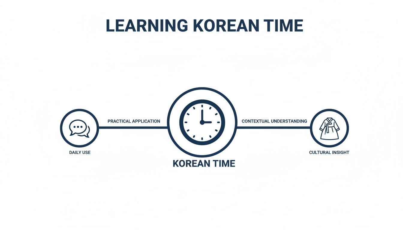 Diagram illustrating learning Korean time through daily use, practical application, contextual understanding, and cultural insight.