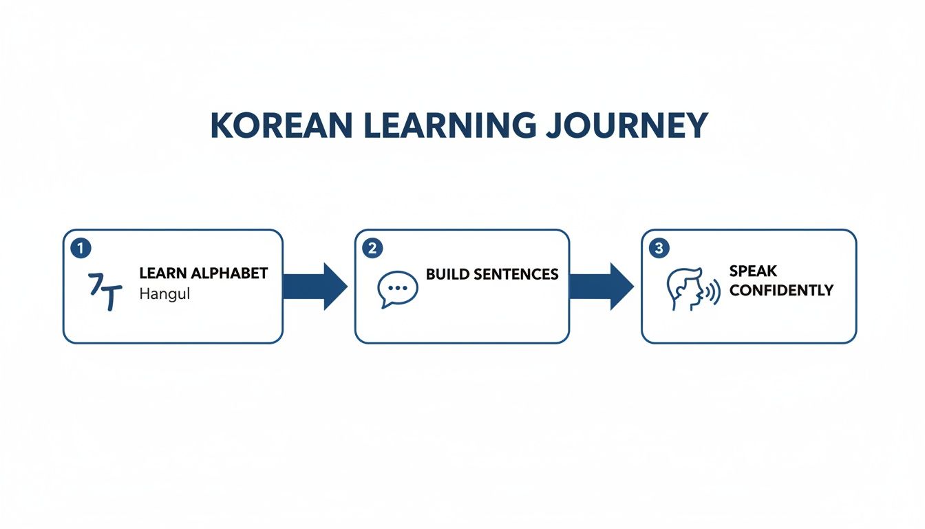A three-step flowchart illustrating the Korean learning journey: Hangul, sentence building, and confident speaking.