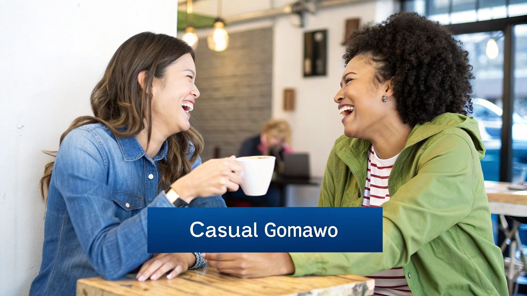 Two diverse women laughing and talking over coffee in a bright, casual cafe setting.