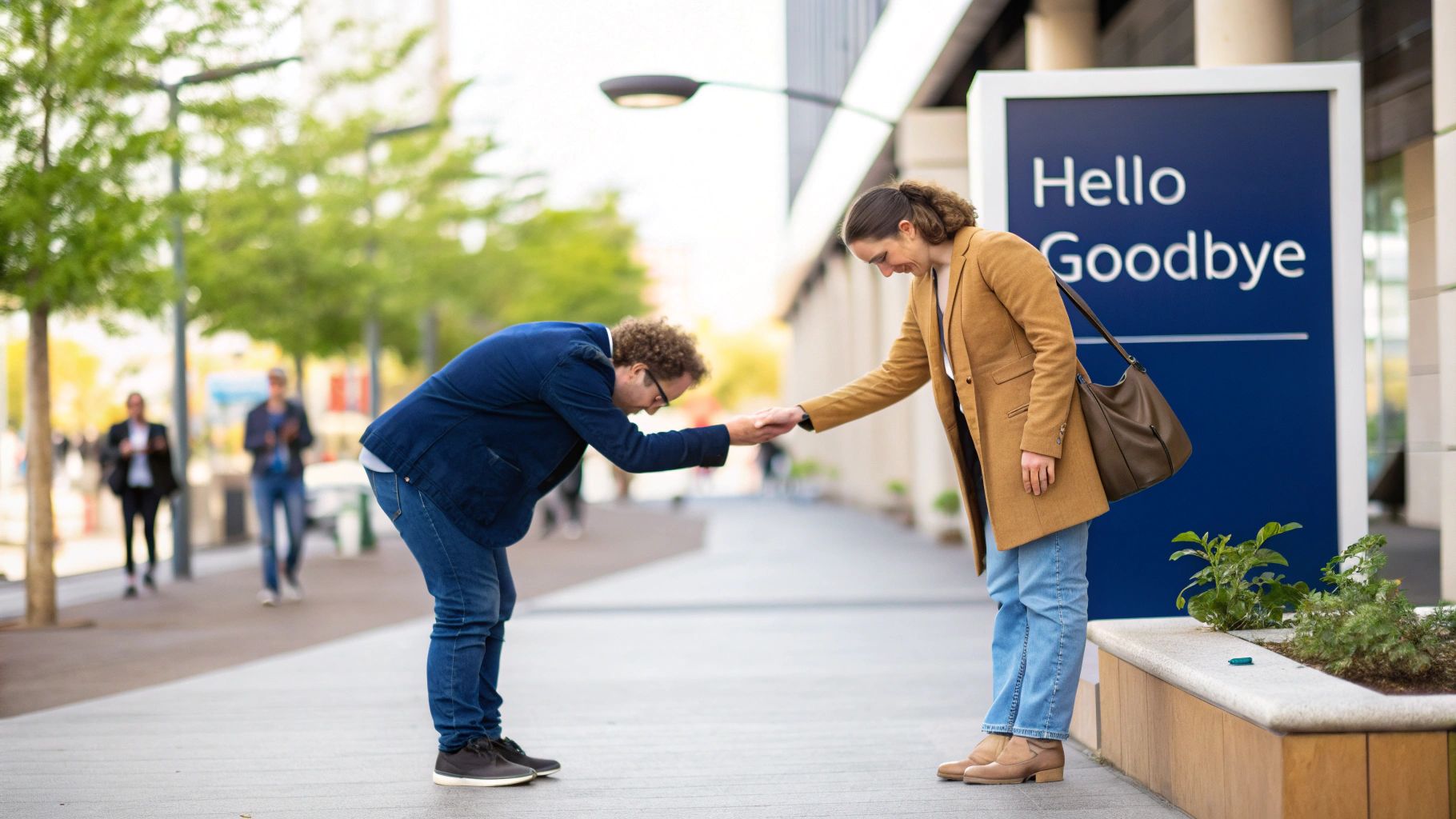 A man and a woman perform a respectful bow and hand gesture outdoors near a 'Hello Goodbye' sign.