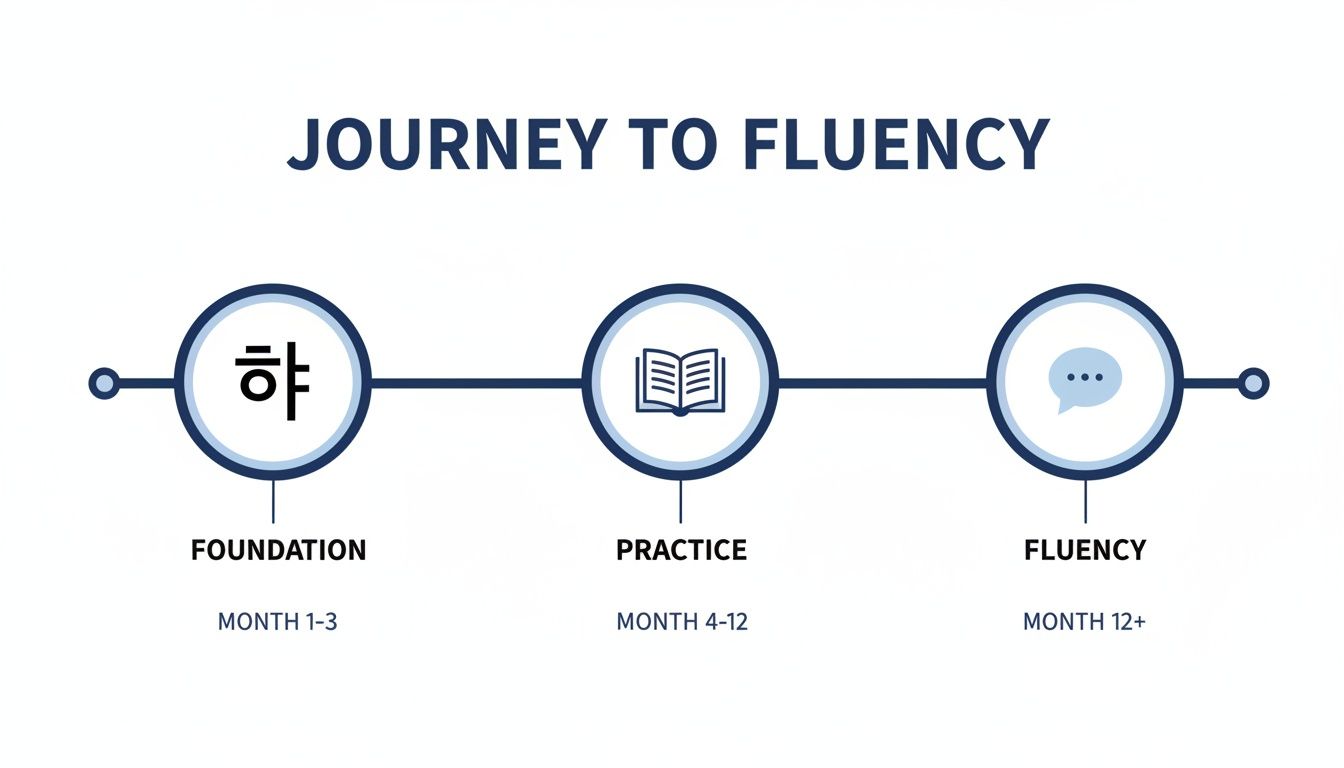 A timeline roadmap illustrating the journey to language fluency with foundation,practice, and fluency stages.