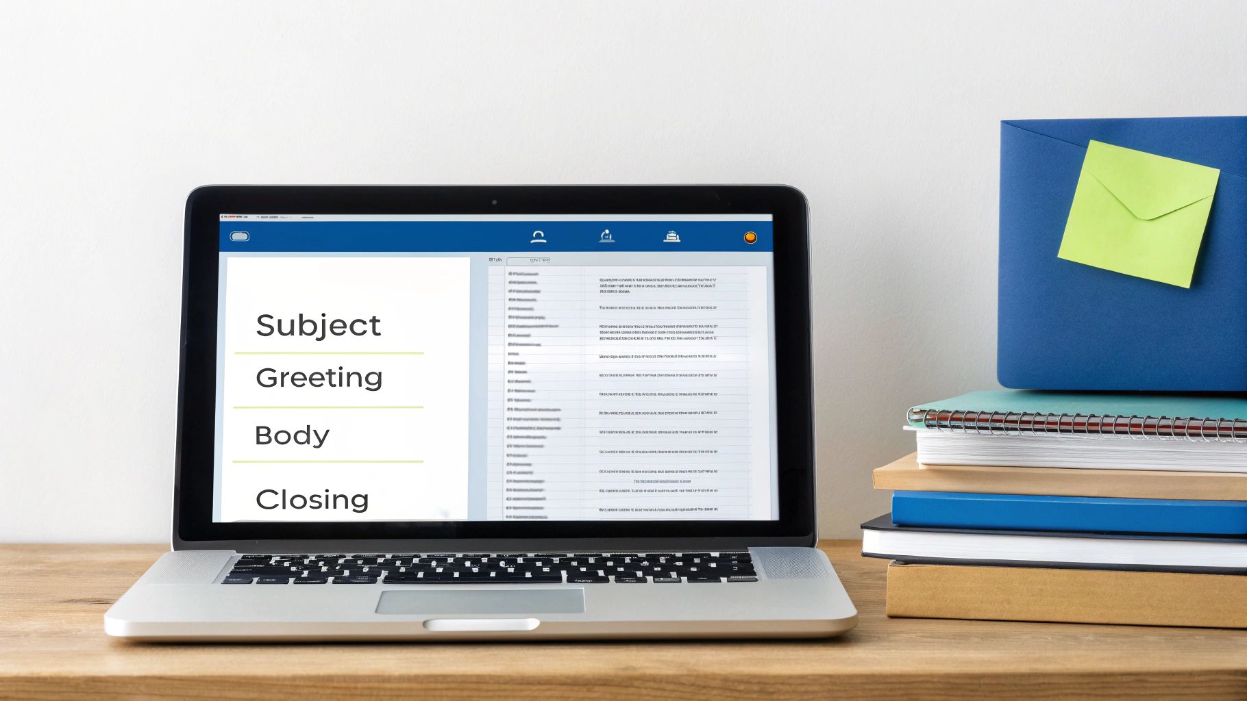 A laptop displaying an email template with Subject, Greeting, Body, Closing fields, alongside office supplies.