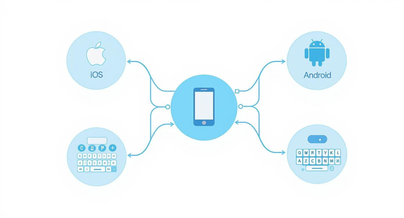Diagram showing a smartphone connected to iOS and Android, supporting QWERTY and Korean keyboard input.