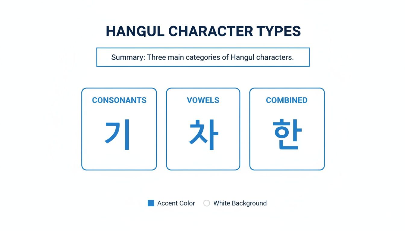 A chart illustrating the three main types of Hangul characters: consonants, vowels, and combined.