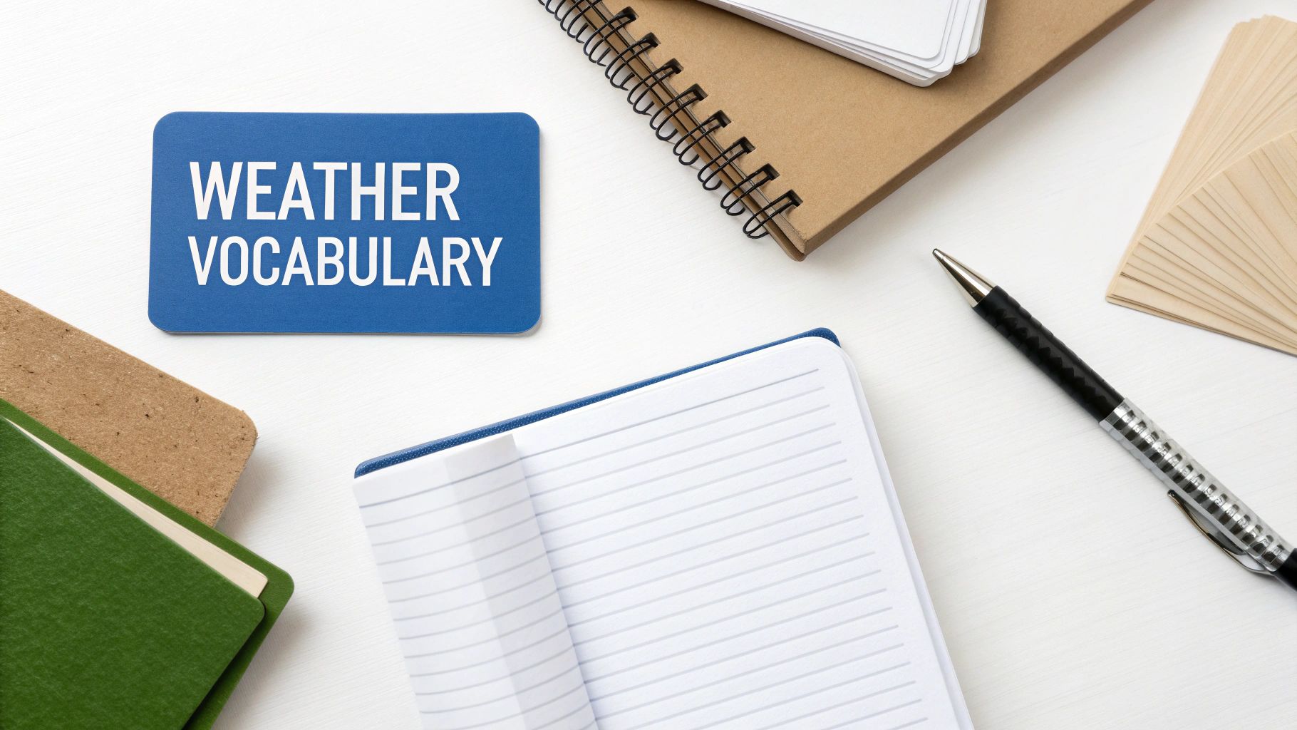 A blue card with 'WEATHER VOCABULARY' written on it, surrounded by study materials.
