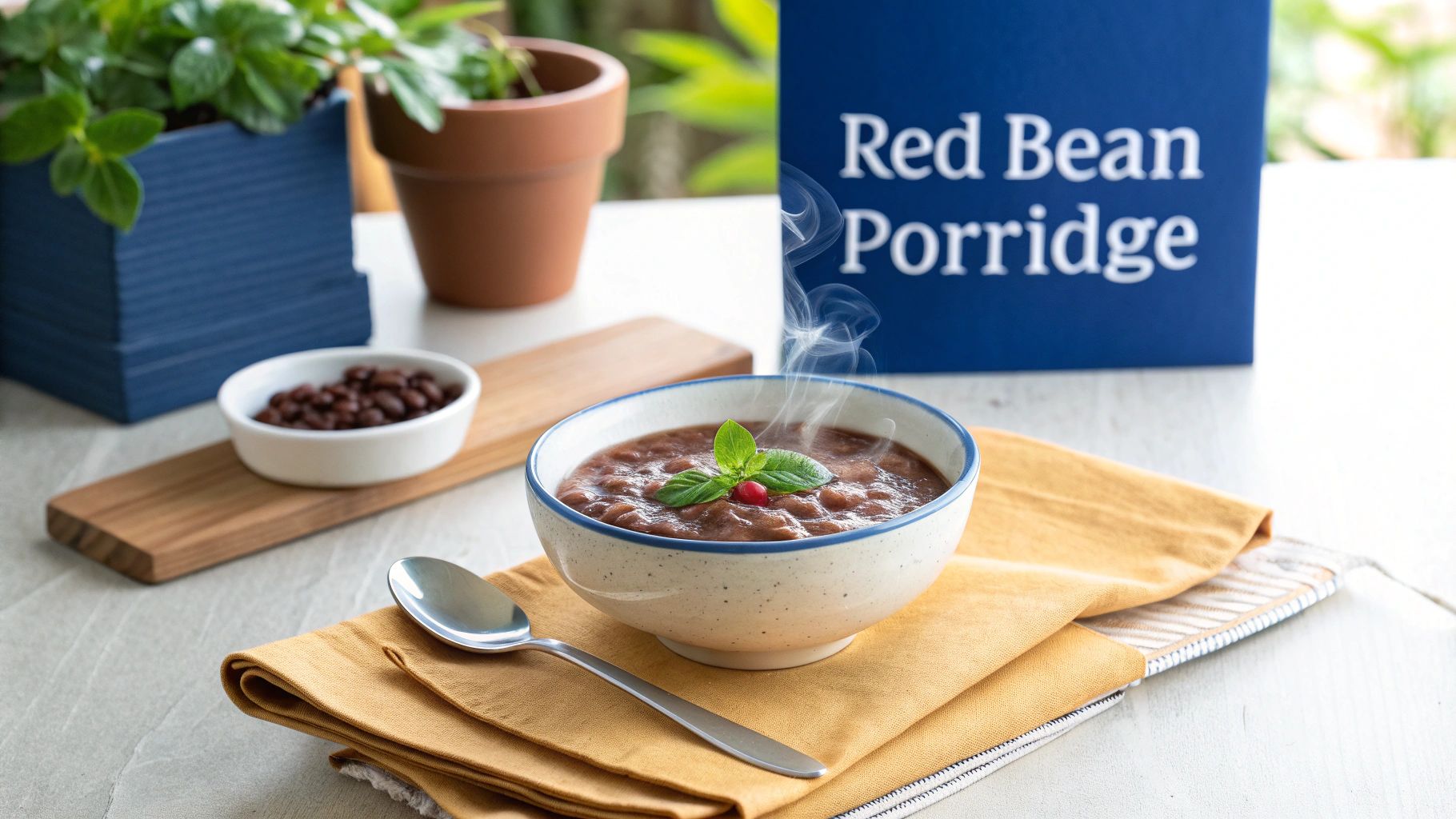 A steaming bowl of red bean porridge garnished with mint and a berry, with a 'Red Bean Porridge' sign in the background.