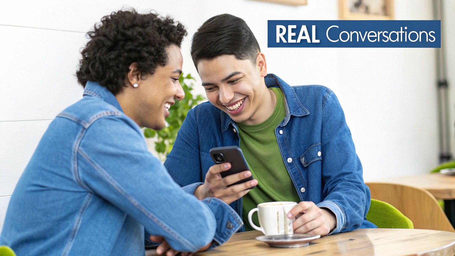 Two smiling young men share a laugh while looking at a smartphone and drinking coffee.