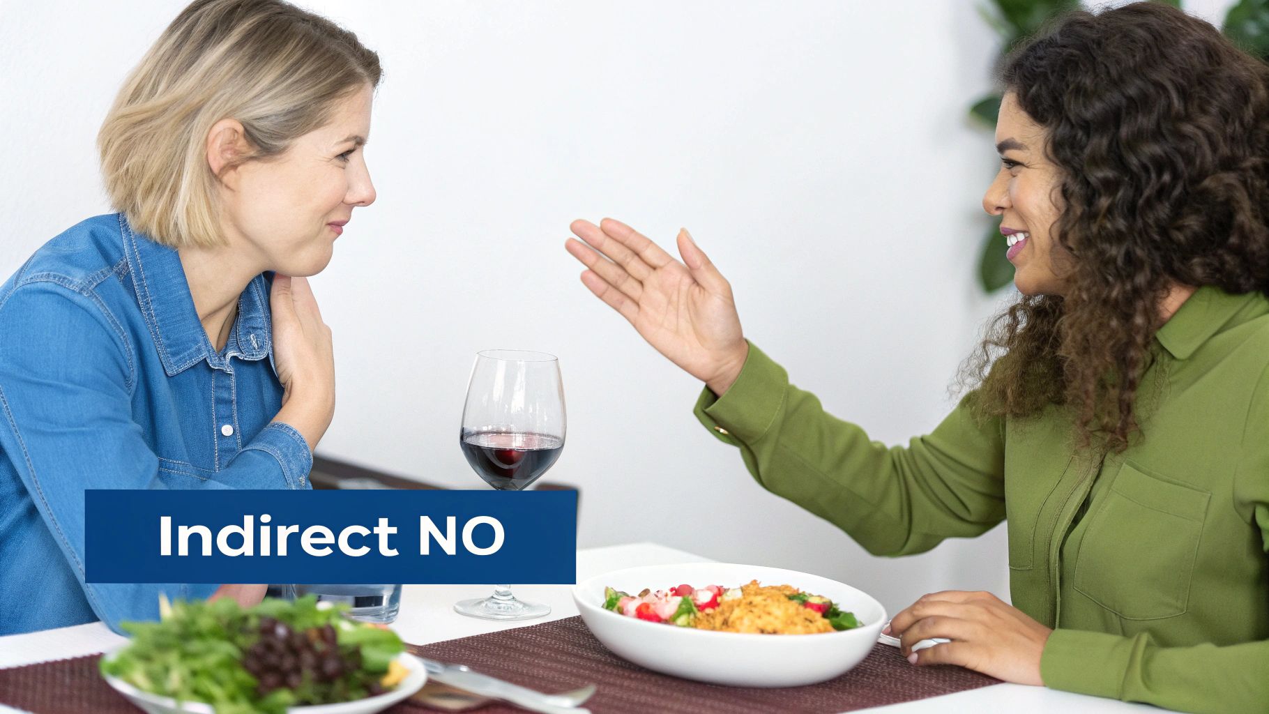 Two women conversing over a meal, one gesturing, with text 'Indirect NO' about communication.