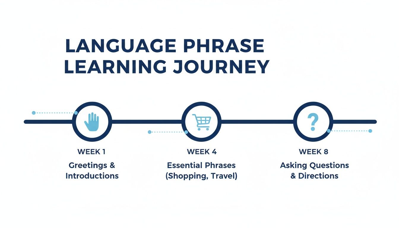 A language learning journey timeline showing modules for greetings, essential phrases, and asking questions over eight weeks.