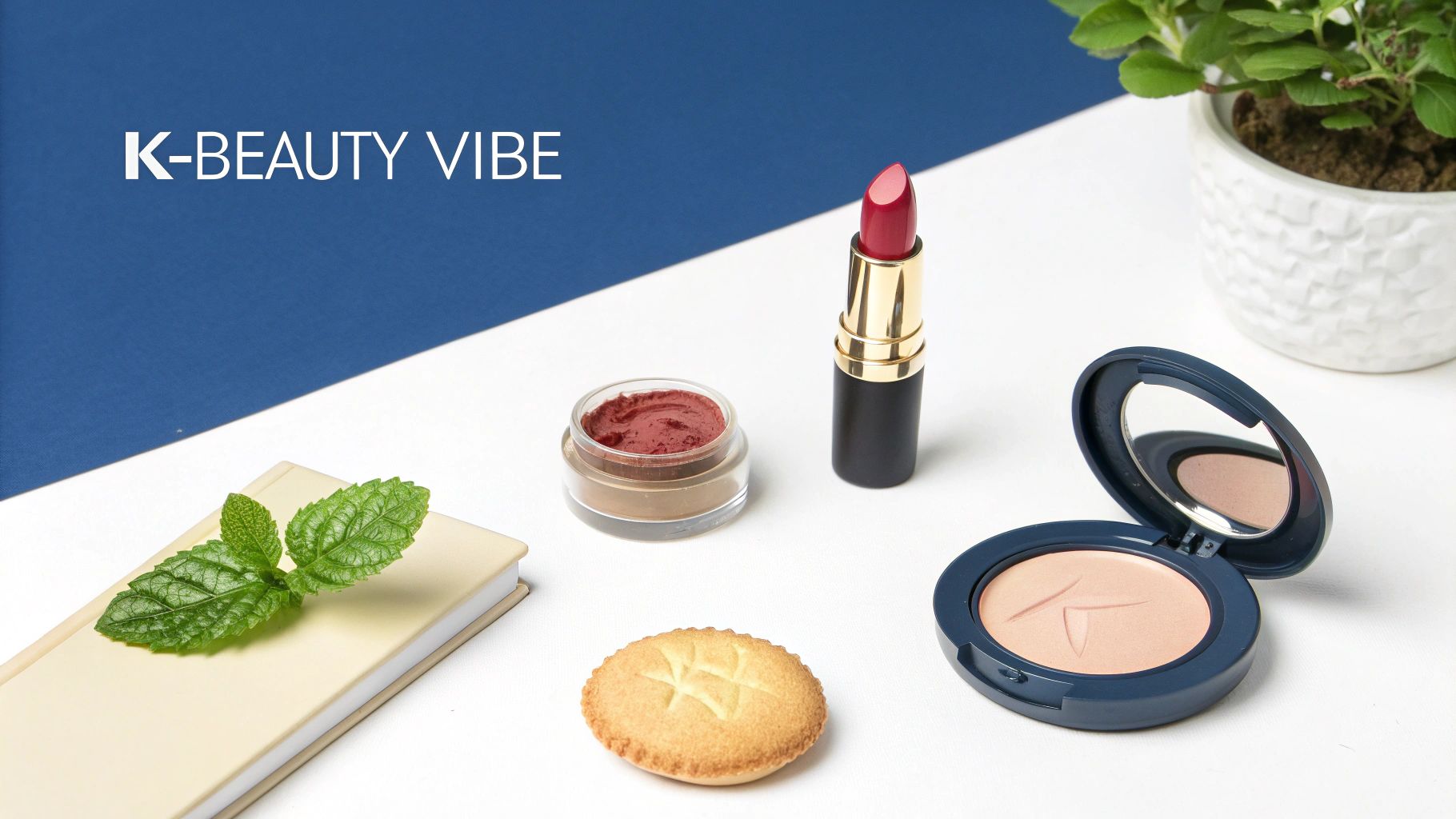 A K-beauty flatlay featuring red lipstick, face powder, and a cream on a blue and white background.