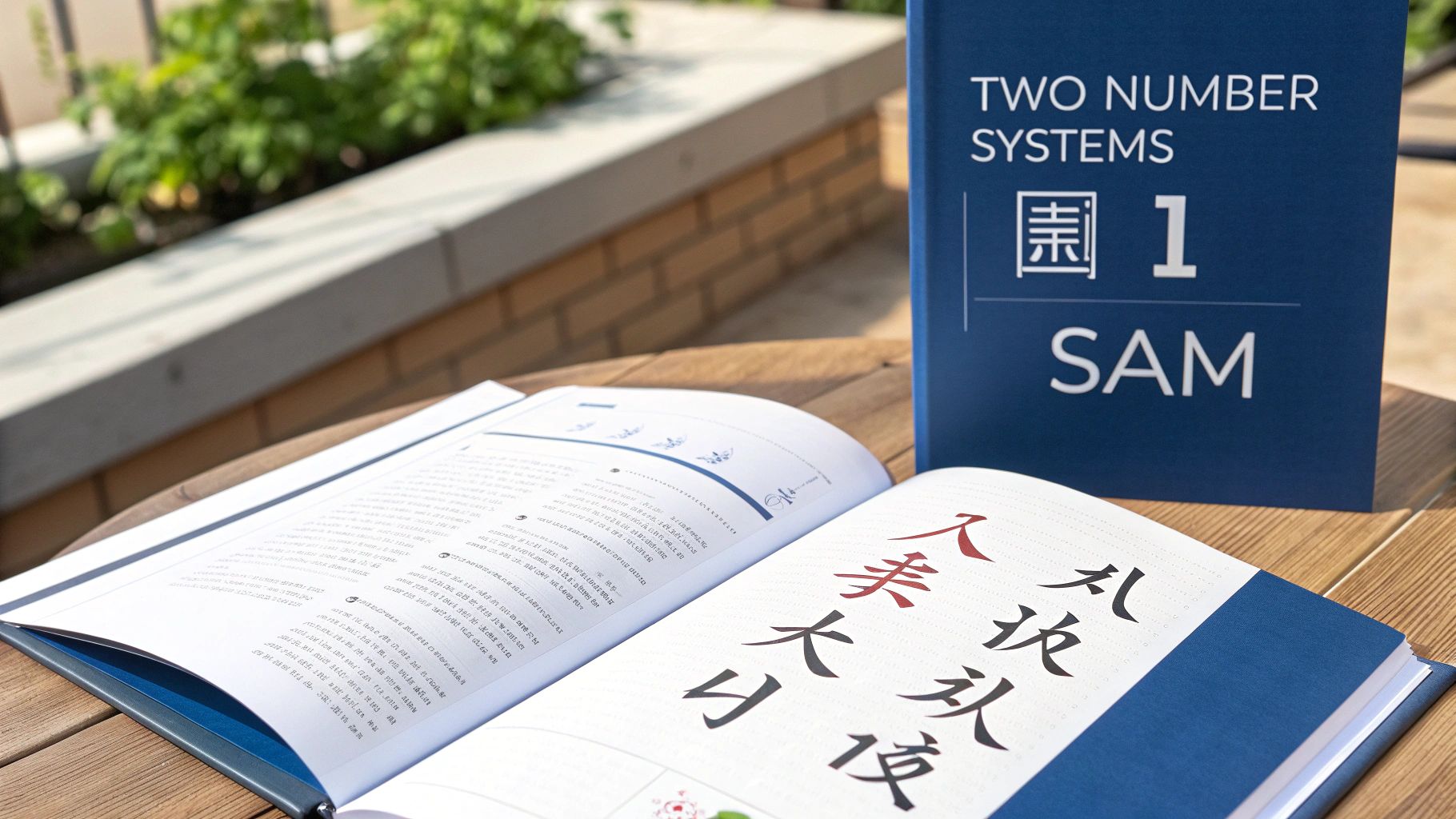 A blue book titled 'Two Number Systems SAM' stands beside an open book with large Asian characters on a wooden surface.