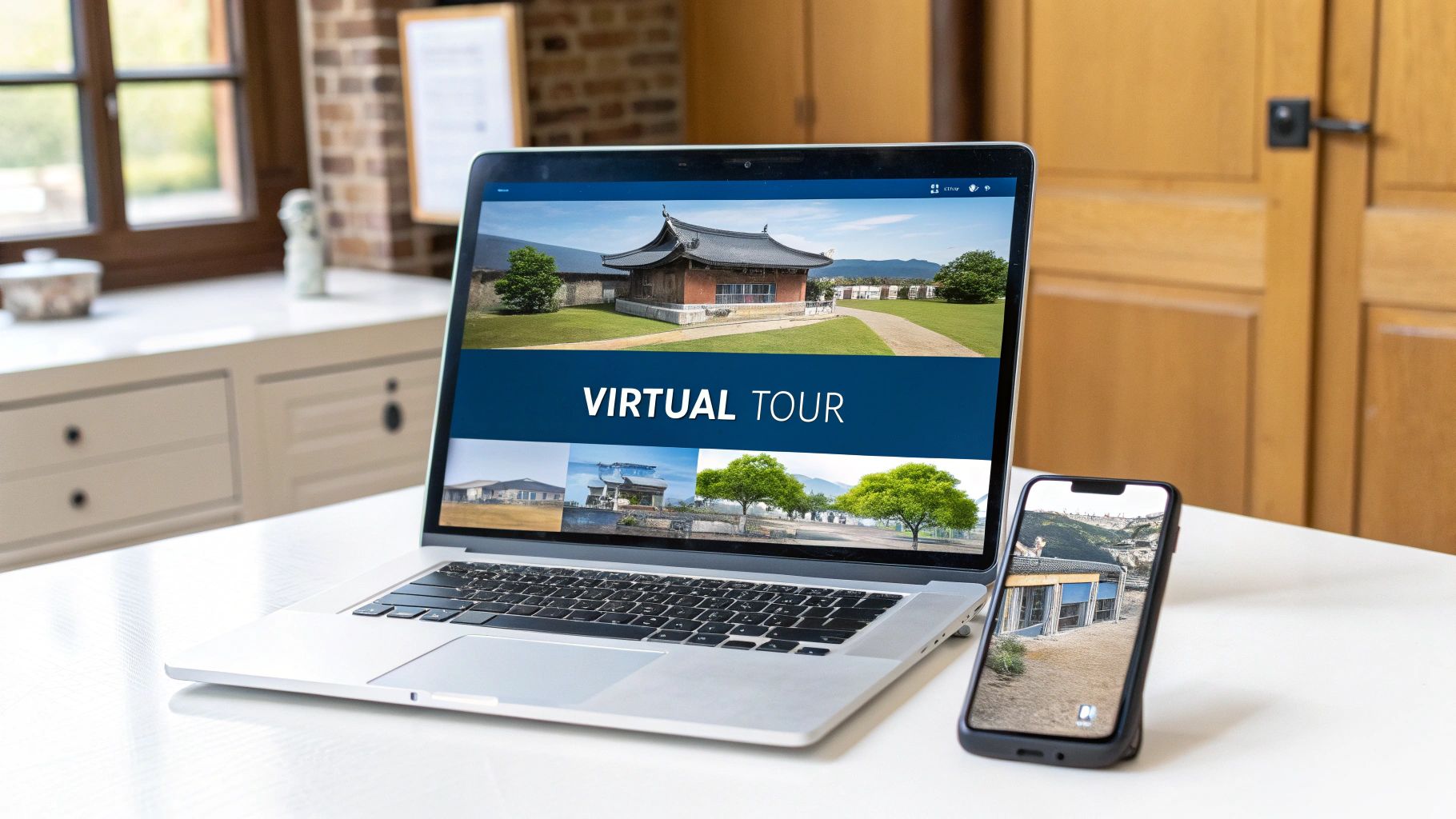 A laptop and smartphone display a virtual tour of a traditional East Asian building, highlighting cultural heritage.