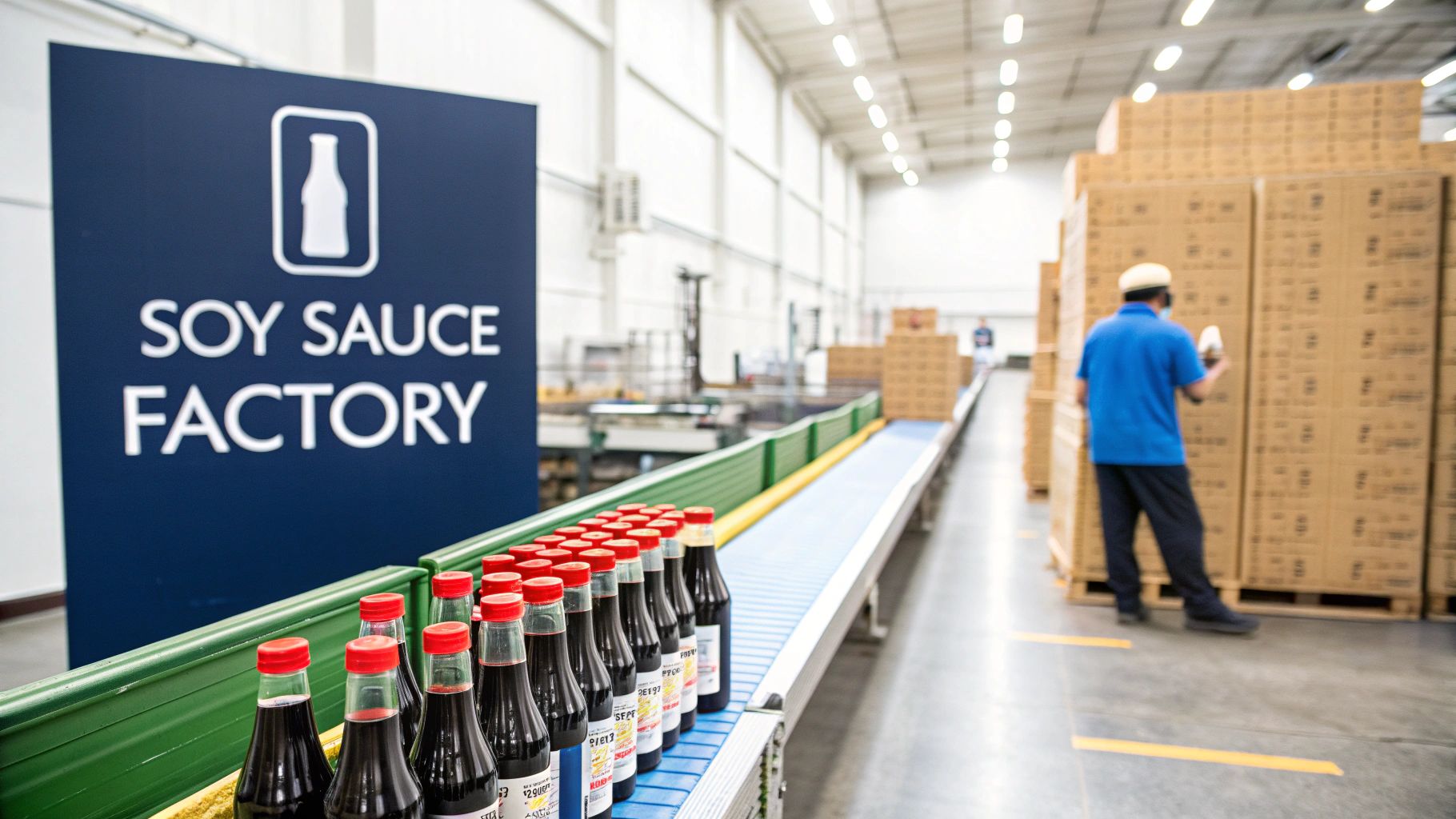 Bottles of soy sauce move along a conveyor belt in a factory, with a worker and stacked boxes.