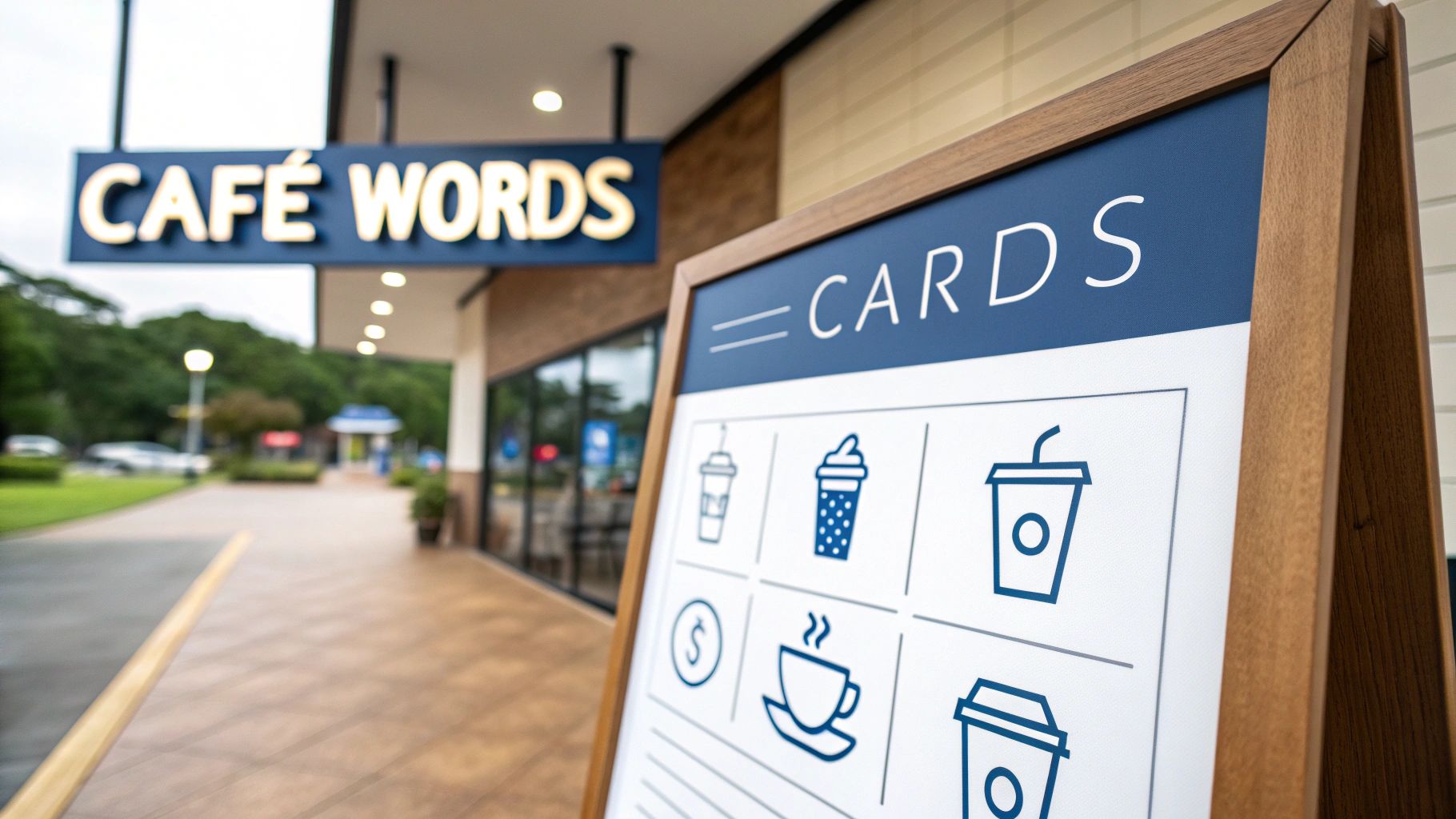 A Cafe Words storefront with a promotional sign displaying various coffee and drink icons.