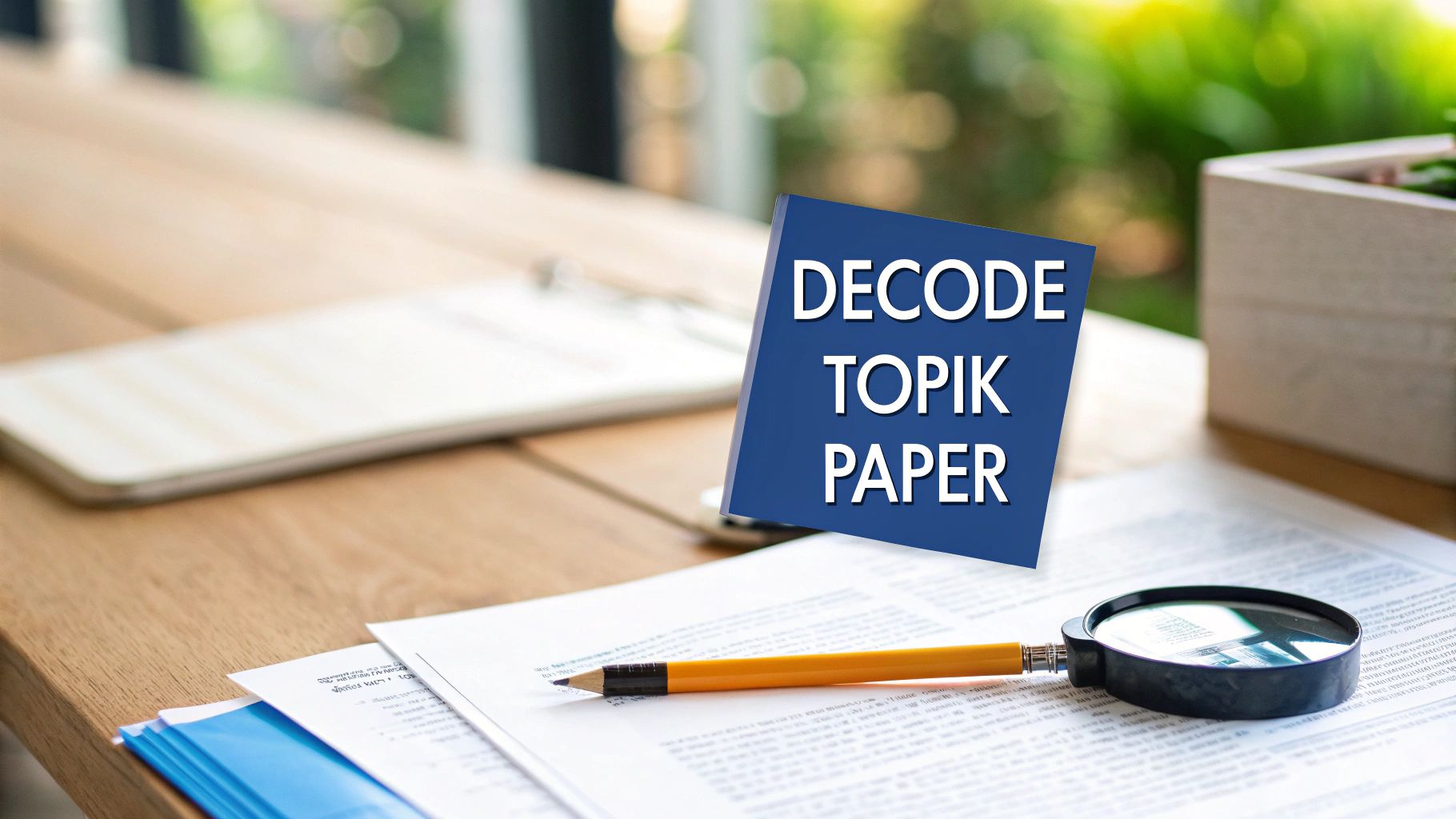 A blue sign with 'DECODE TOPIK PAPER' sits on a wooden desk with study materials, pencil, and magnifying glass.